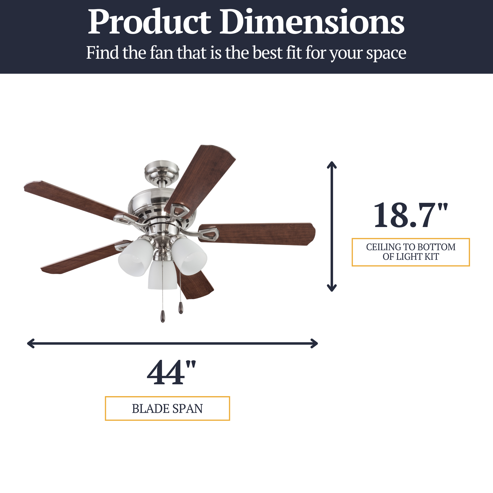 44 Inch Miller Park Brushed Nickel Ceiling Fan with Pull Chain - Perfect for Living Room, Bedroom, and Outdoor Patio Cooling