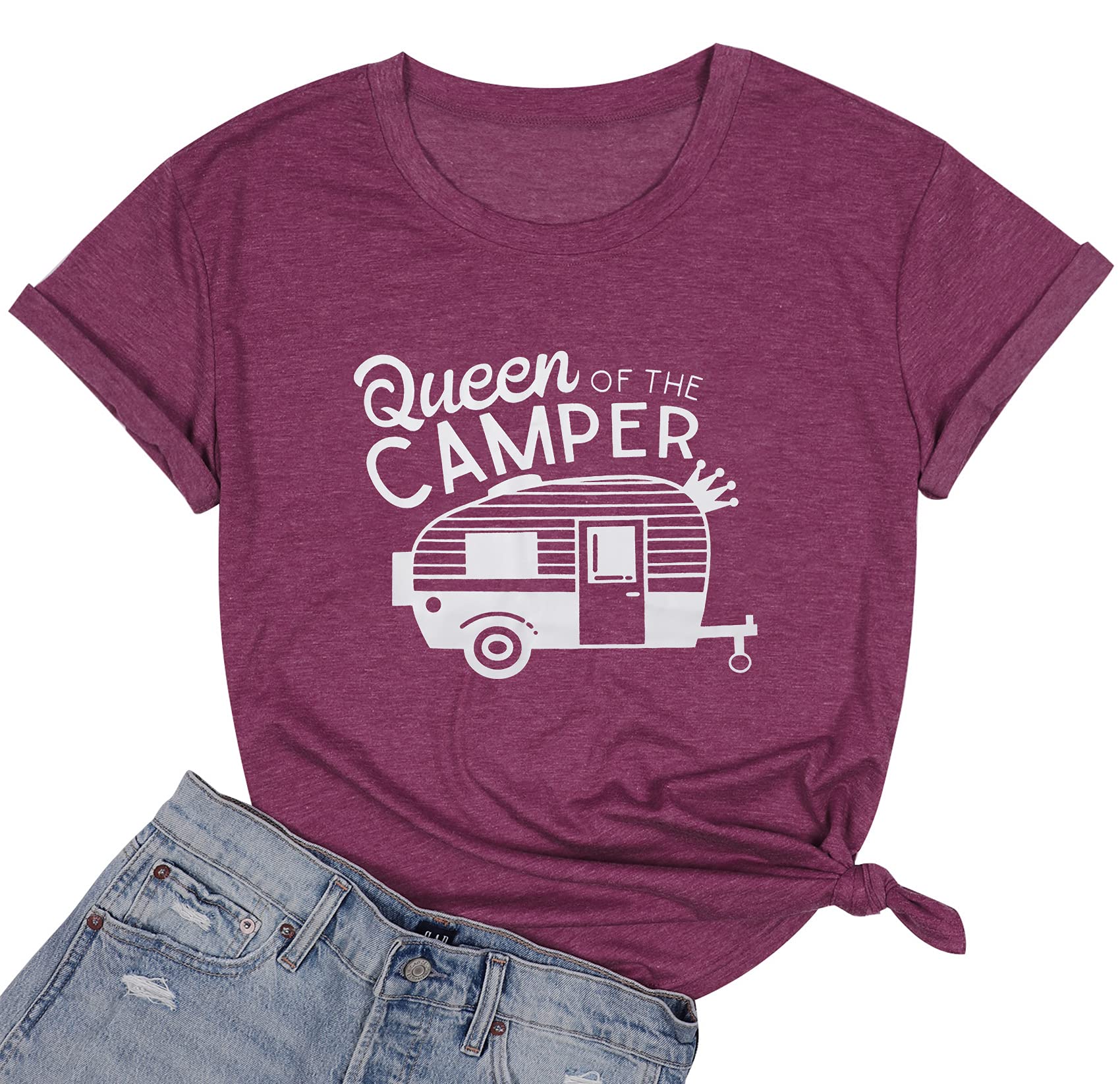 Queen of The Camper T-Shirt - Women's Funny Camping Graphic Tee with RV Letter Print - Cute Short Sleeve Top for RV Travel, Outdoor Adventures & Road Trips