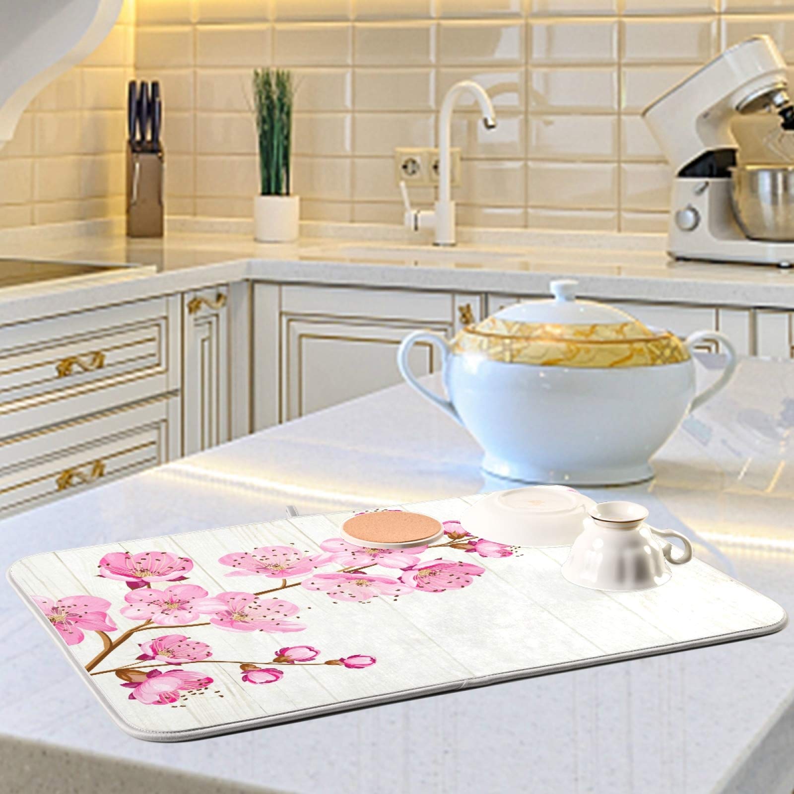Absorbent Microfiber Dish Drying Mat - 18x16 Inch Reversible Kitchen Counter Pad with Cute Pink Floral Design | Non-Slip Bottle & Dish Drainer for Countertops, Sinks & Drying Racks | Perfect for Kitchens, RVs & Small Spaces