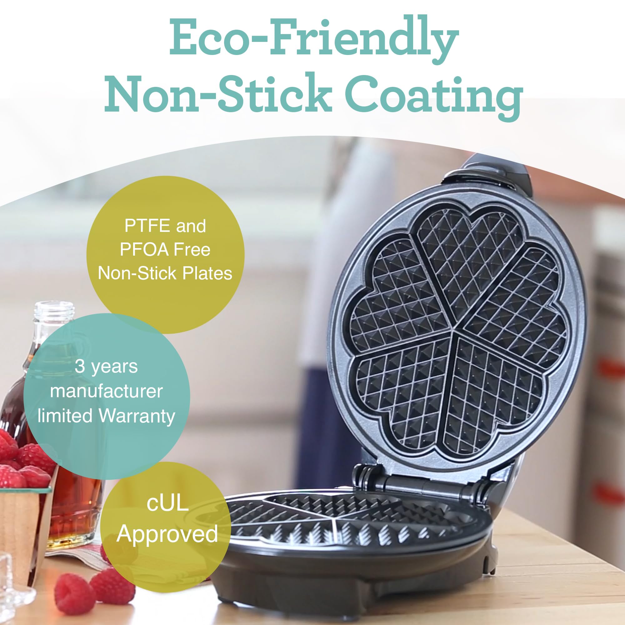 Euro Cuisine WM520 Heart Shaped Waffle Maker - 8-Inch Non-Stick Iron Waffle Maker with PTFE & PFOA Free Eco-Friendly Plates, Perfect for Valentine's Day, Anniversaries & Romantic Breakfasts in Bed