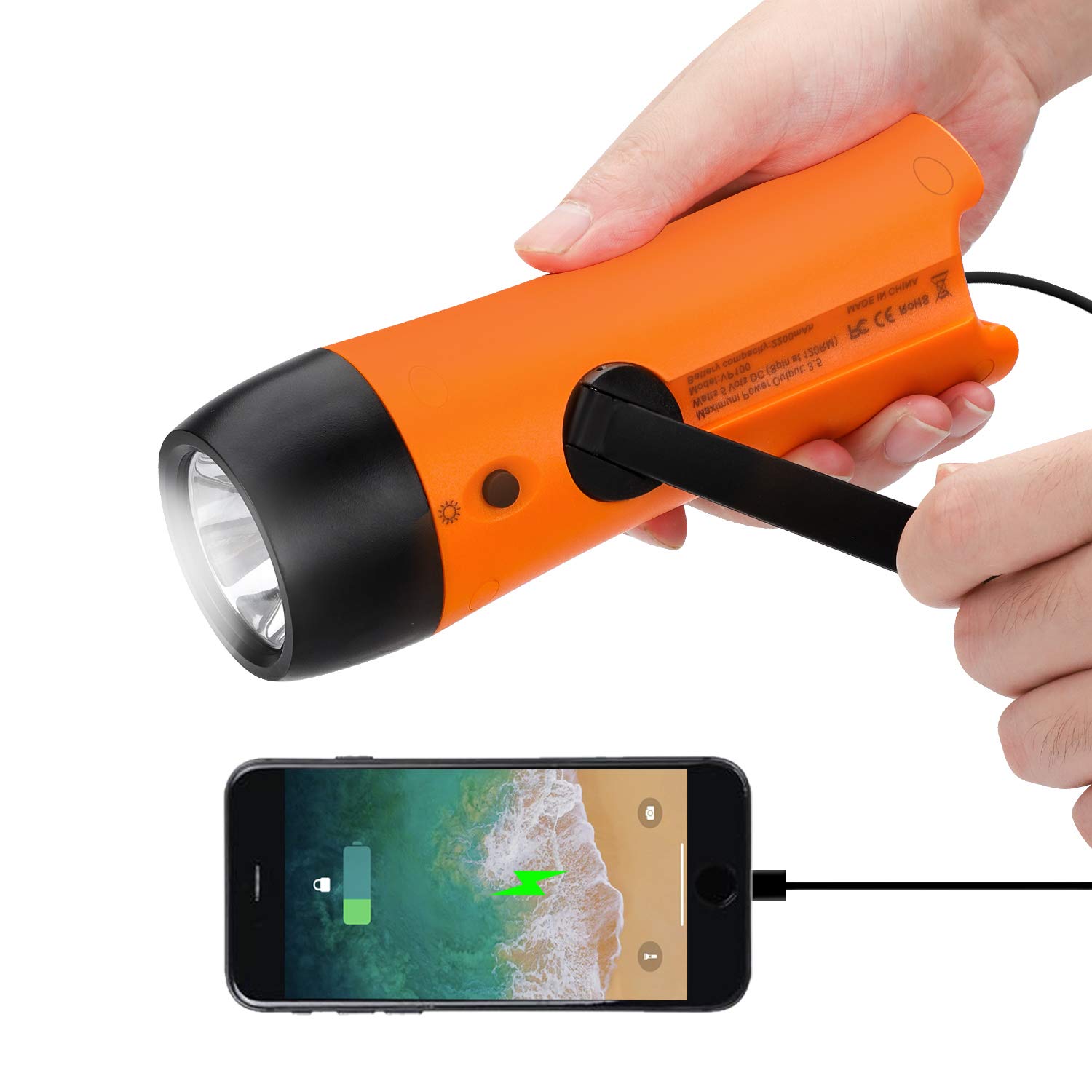 VFAN Rechargeable Hand Crank Flashlight with USB Phone Charger - Emergency Power Generator for Camping, Hiking & Power Outages (Orange)