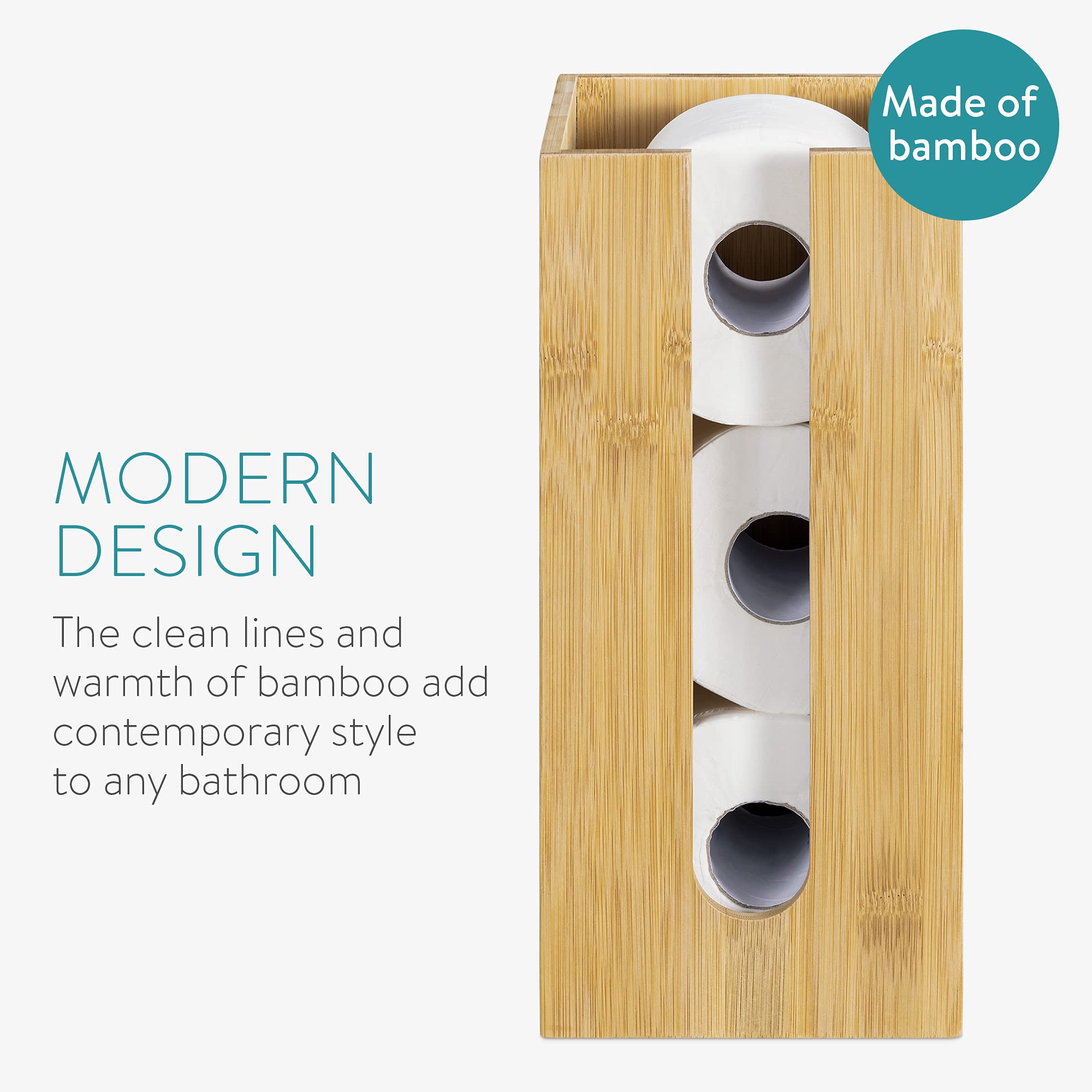 Navaris Bamboo Toilet Paper Storage Stand - Free Standing Narrow Toilet Paper Holder Tower Organizer for Bathroom & Restroom - Holds 3 Rolls - Space Saving Bathroom Storage Solution for Small Spaces & Apartments