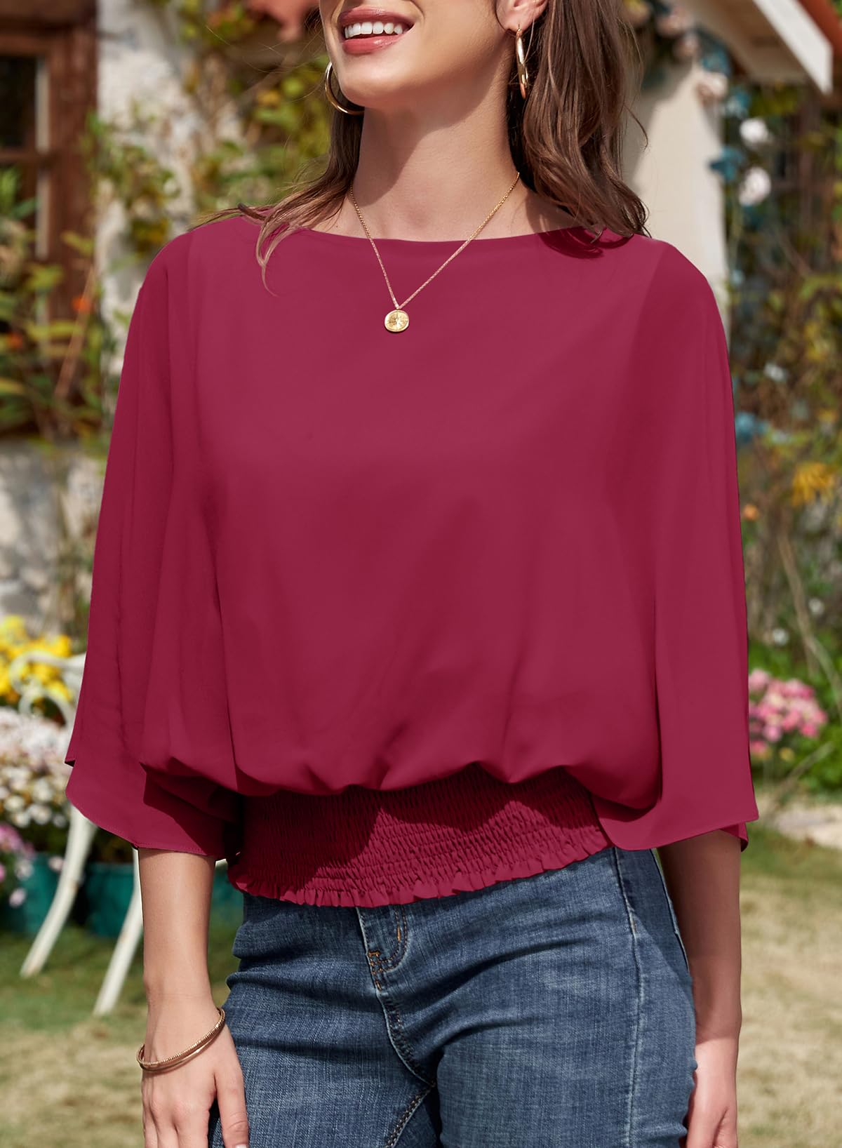 Dokotoo Women's 3/4 Sleeve Chiffon Blouse - Elegant Crewneck Business Casual Tops for Office, Party & Daily Wear | Flowy Dressy Shirt for Women