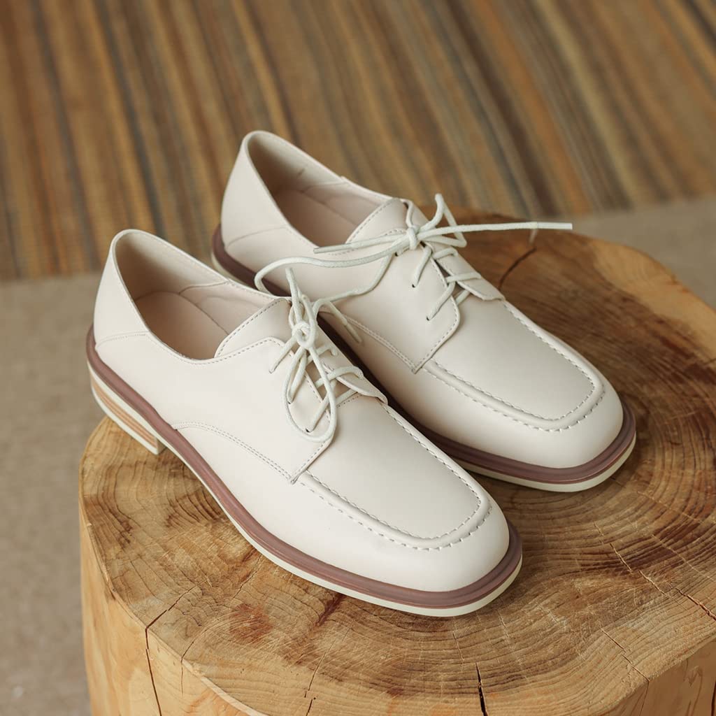 Women's Classic Lace-Up Loafers - Square Toe Leather Oxford Shoes for Work & Office | Comfortable Low Heel Dress Flats | Perfect for Business Casual, Commuting & Professional Outfits
