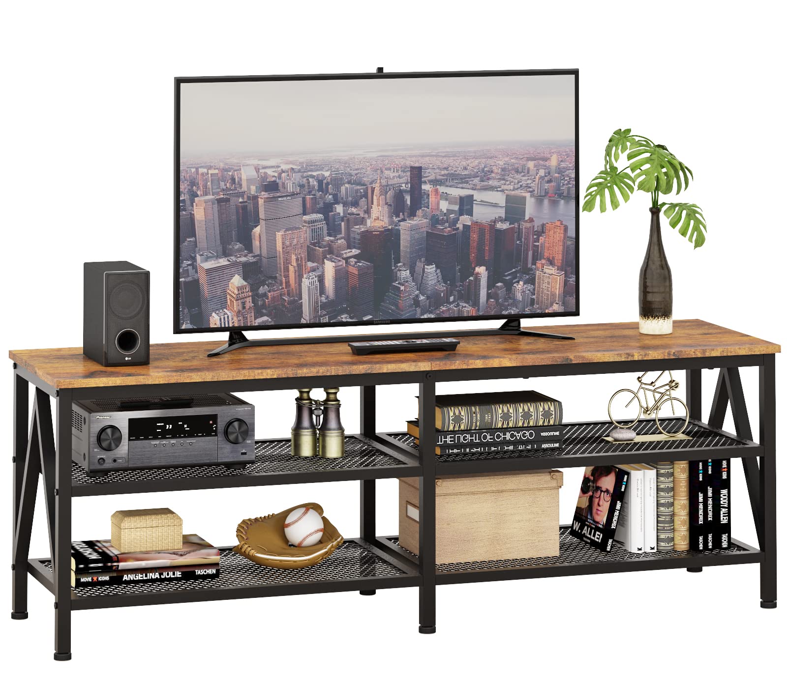 **60-65 Inch TV Stand with 3-Tier Open Shelves, Industrial Rustic Brown TV Console for Living Room – Sturdy Metal Frame Entertainment Center for Home Theater & Media Storage**    *(Perfect for organizing gaming consoles, DVDs, and decor in modern or farmhouse-style living spaces.)*