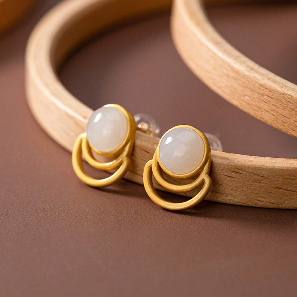 Vintage 925 Sterling Silver Stud Earrings for Women with Natural Hetian Jade - Openwork Punk Charm Ear Studs - Perfect for Casual Wear, Parties & Gifts