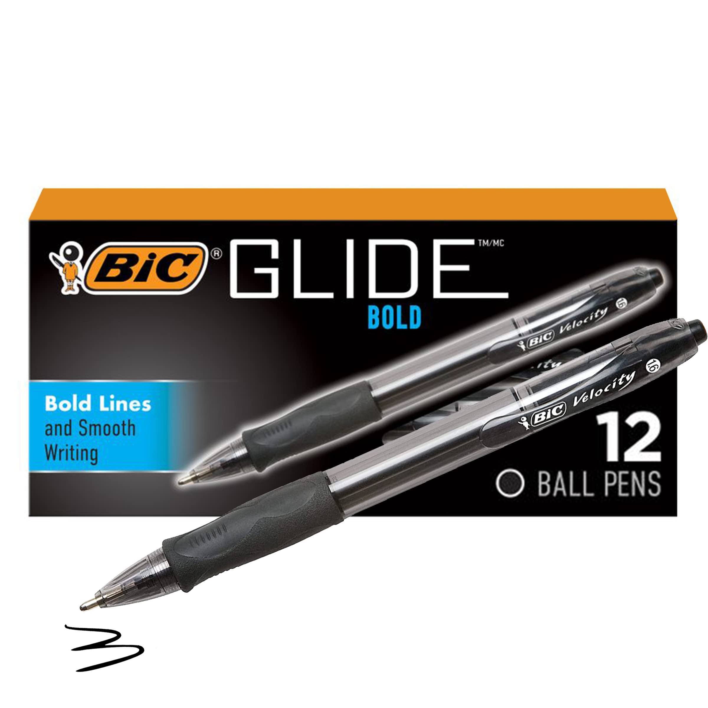 BIC Glide Bold Black Ballpoint Pens 1.6mm - 12 Pack Retractable Pens with Comfort Grip - Smooth Writing for Office, School & Home Use