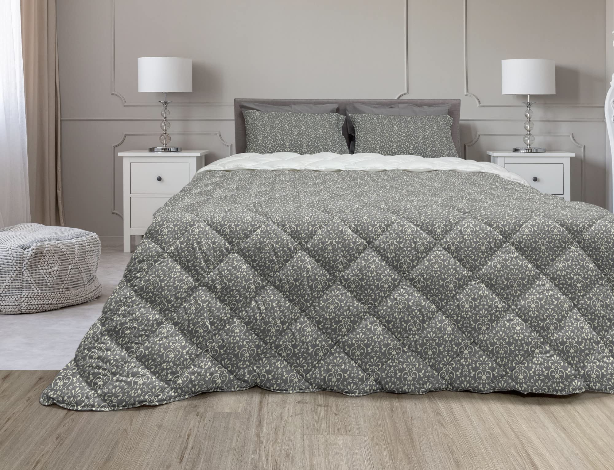 Ambesonne Victorian Baroque Floral Damask Comforter & Sham Set - Twin Size Grey Pastel Green Microfiber Duvet Cover with Swirling Branches Design | Elegant Bedroom Decor for Guest Rooms, Master Suites & Luxury Hotels
