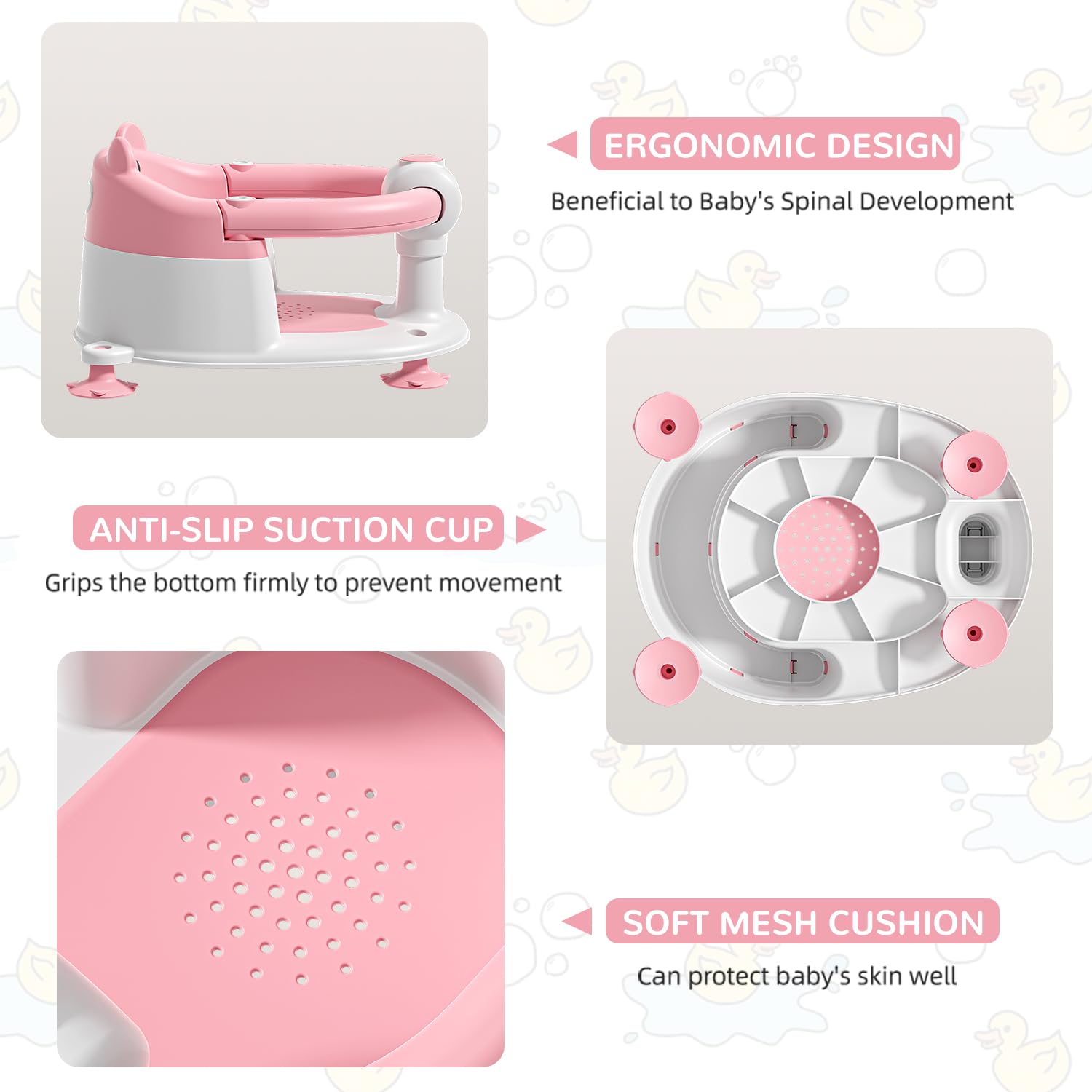 Non-Slip Baby Bath Seat for Infants 6-24 Months | Safe Toddler Bathtub Chair with 4 Suction Cups & Soft Cushion | Newborn Bathing Support for Sitting Up | Shower & Bath Time Safety Essential (Pink) - Perfect for Secure Bathing at Home or Travel