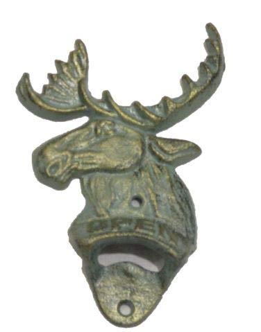 Vintage Cast Iron Moose Wall Mounted Bottle Opener - Antique Green Finish - Rustic Cabin Decor for Home Bar, Kitchen, or Man Cave