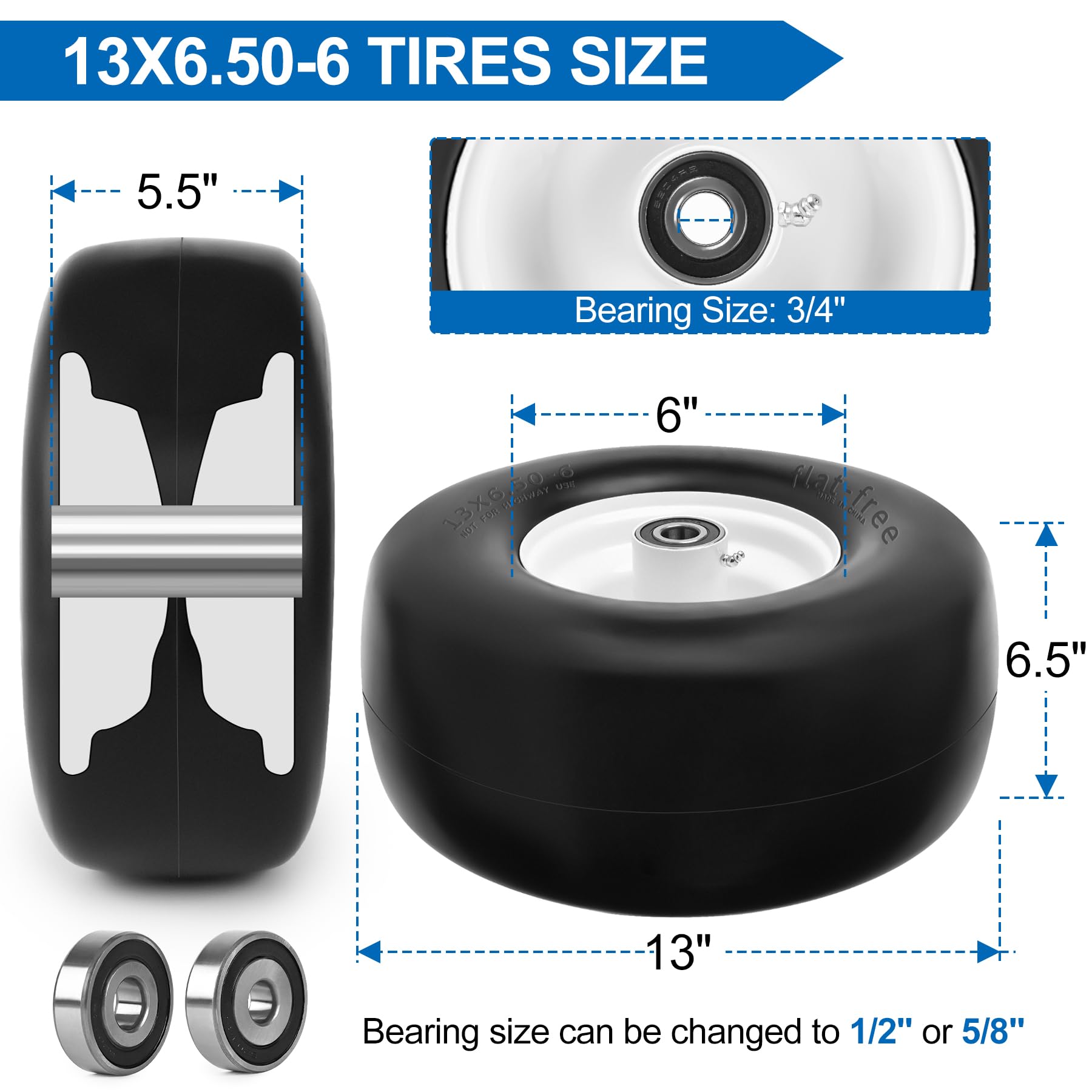 13x6.50-6 Flat Free Lawn Mower Tires & Wheels with 3/4