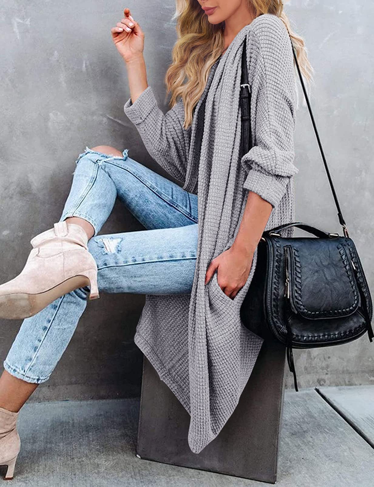 MEROKEETY Women's 2025 Fall Waffle Knit Batwing Long Sleeve Cardigan - Loose Open Front Sweater Coat for Casual Outfits & Layering in Cool Weather