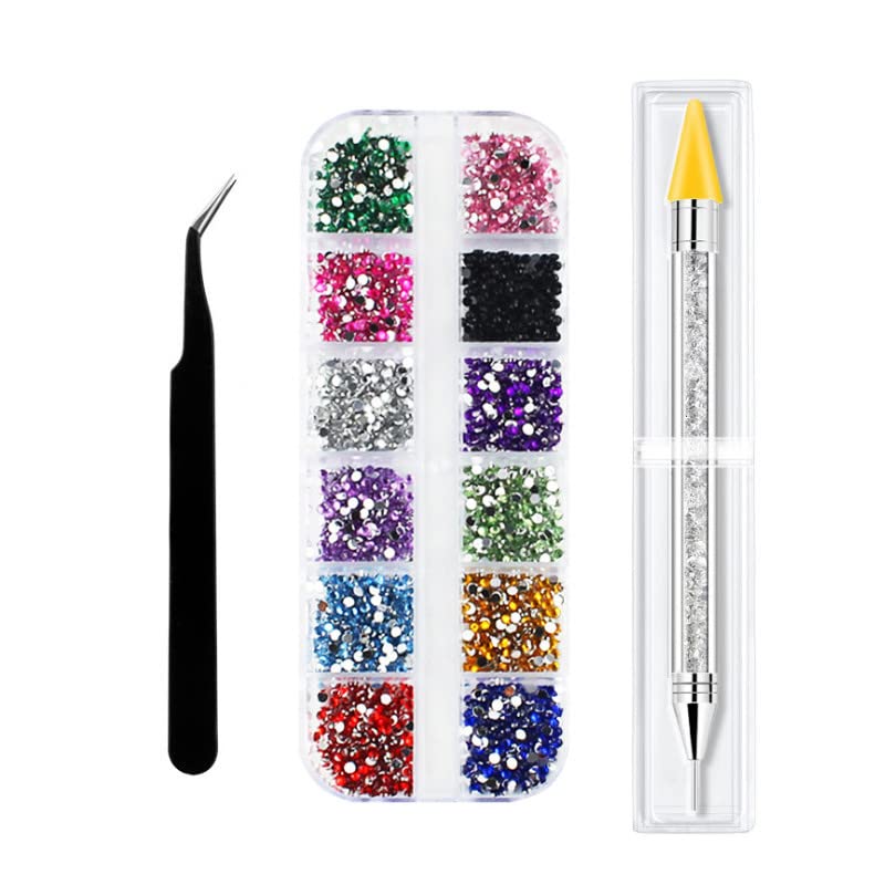 12 Colors Rhinestone Gems for Nail Art - DIY Nail Decorations with AB Crystals, Includes Rhinestone Picker Pen & Tweezer Set - Perfect for Salon, Home Manicures and Nail Art Designs
