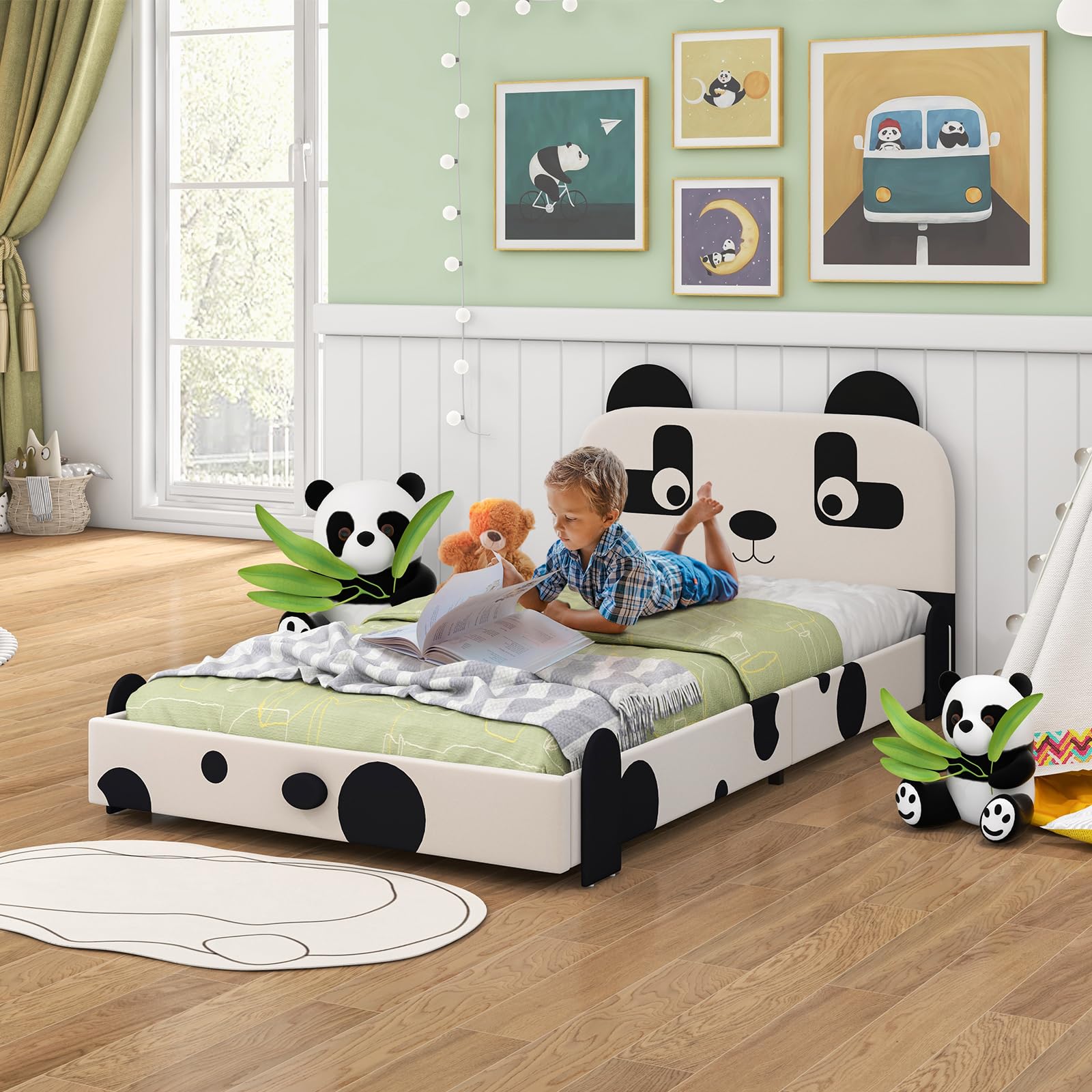 Costzon Twin Bed Frame for Kids - Sturdy Metal Platform with Slat Support & Padded Headboard, No Box Spring Needed, Easy Assembly (Cute Panda Design) | Perfect for Kids' Bedroom, Guest Room & Small Spaces