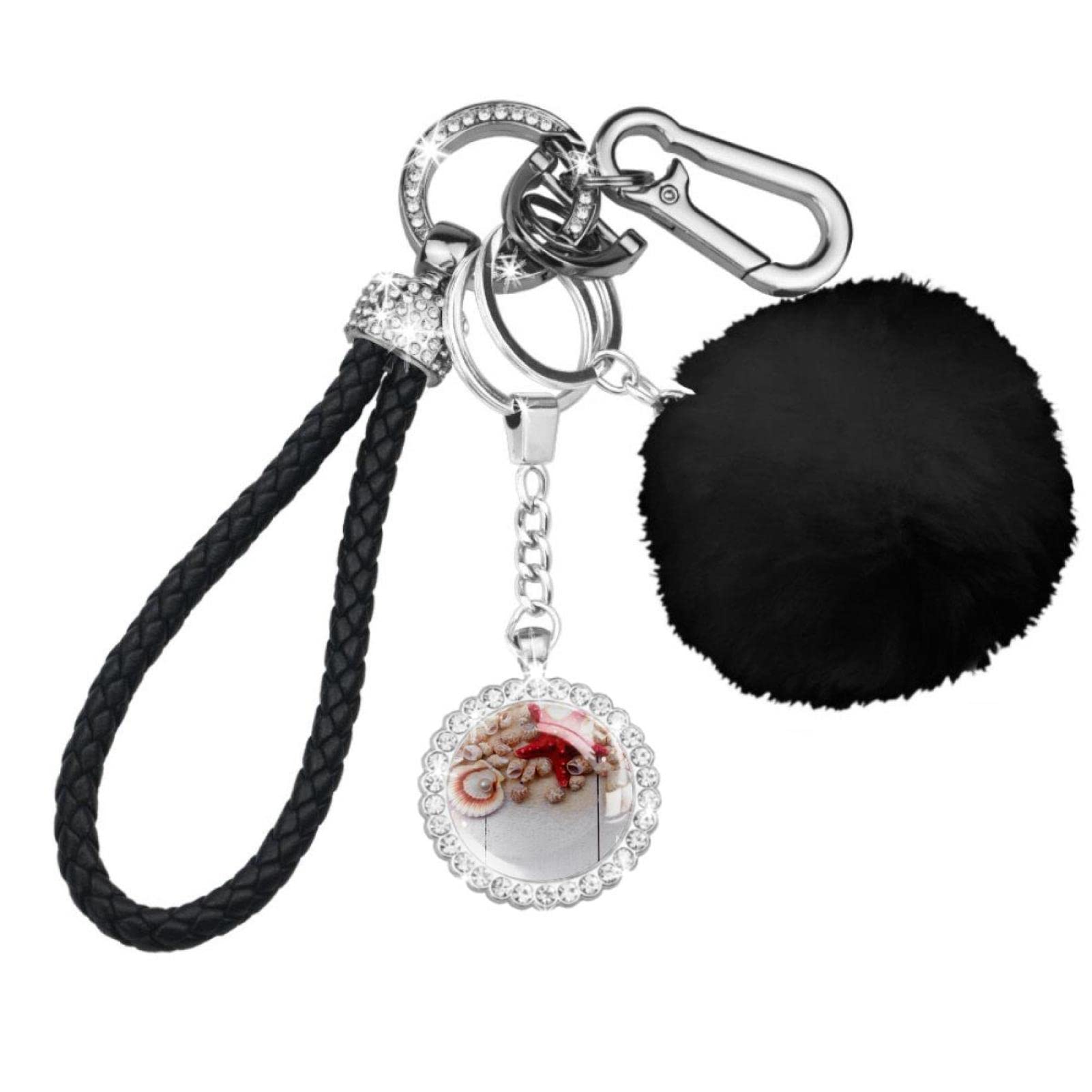 Stylish Shell Starfish Pearl Beach Keychain Set for Women - Wristlet Keychain, Car Keychain & Pom Pom Accessories Kit - Perfect for Beach Vacations, Summer Outfits & Gift Giving