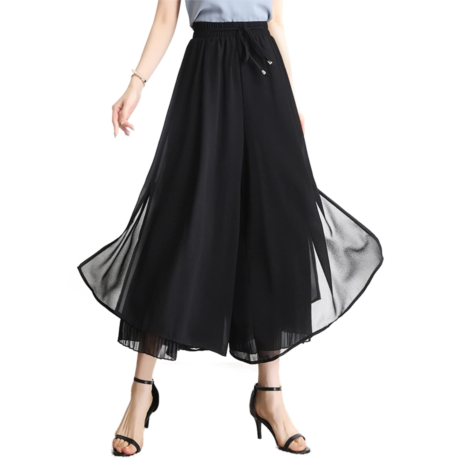 Shiyifa Women's Wide Leg Cropped High Waisted Palazzo Pants with Drawstring & Pockets - Comfortable Office Wear & Casual Summer Outfits