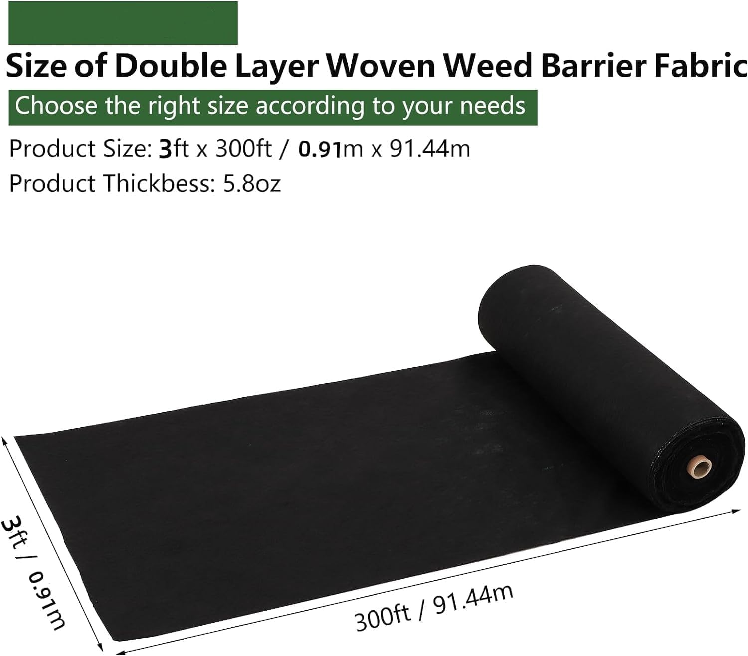 GARVEE 3'x300' 5.8oz Heavy Duty Woven Weed Barrier Fabric - Double Layer Landscape Fabric for Gardens, Driveways & Commercial Landscaping | Weed Control Mat for Flower Beds, Vegetable Gardens & Under Decks