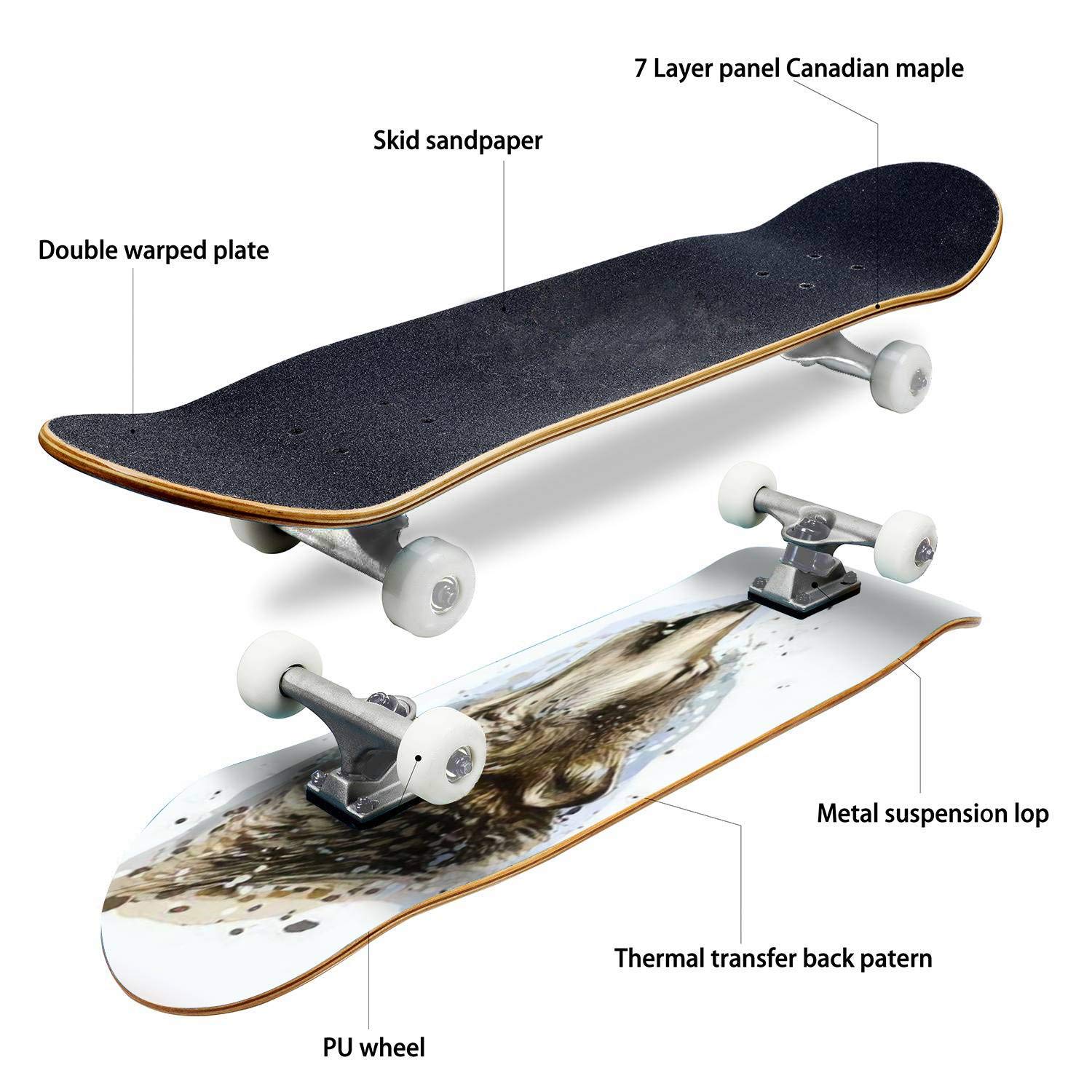 The Wolf Howls Graphic Skateboard - Classic Concave Deck with Wolf Head Design | Durable Longboard for Beginners & Professionals | Perfect Teen Gift for Extreme Sports & Street Skating
