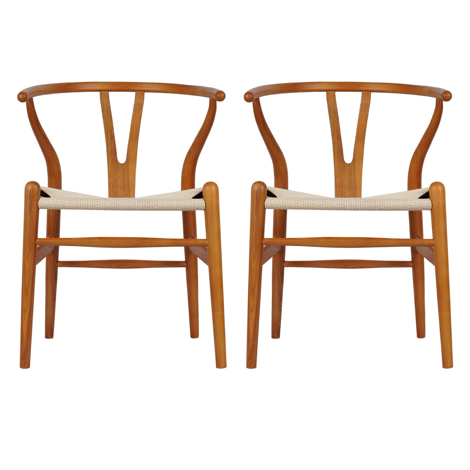 **VODUR Wishbone Chair Set of 2 - Natural Solid Ash Wood Dining Chairs with Rattan Seat & Chestnut Shell Finish | Hans Wegner Y Chair Inspired | Modern Farmhouse, Dining Room, Kitchen, Office, Lounge Decor**
