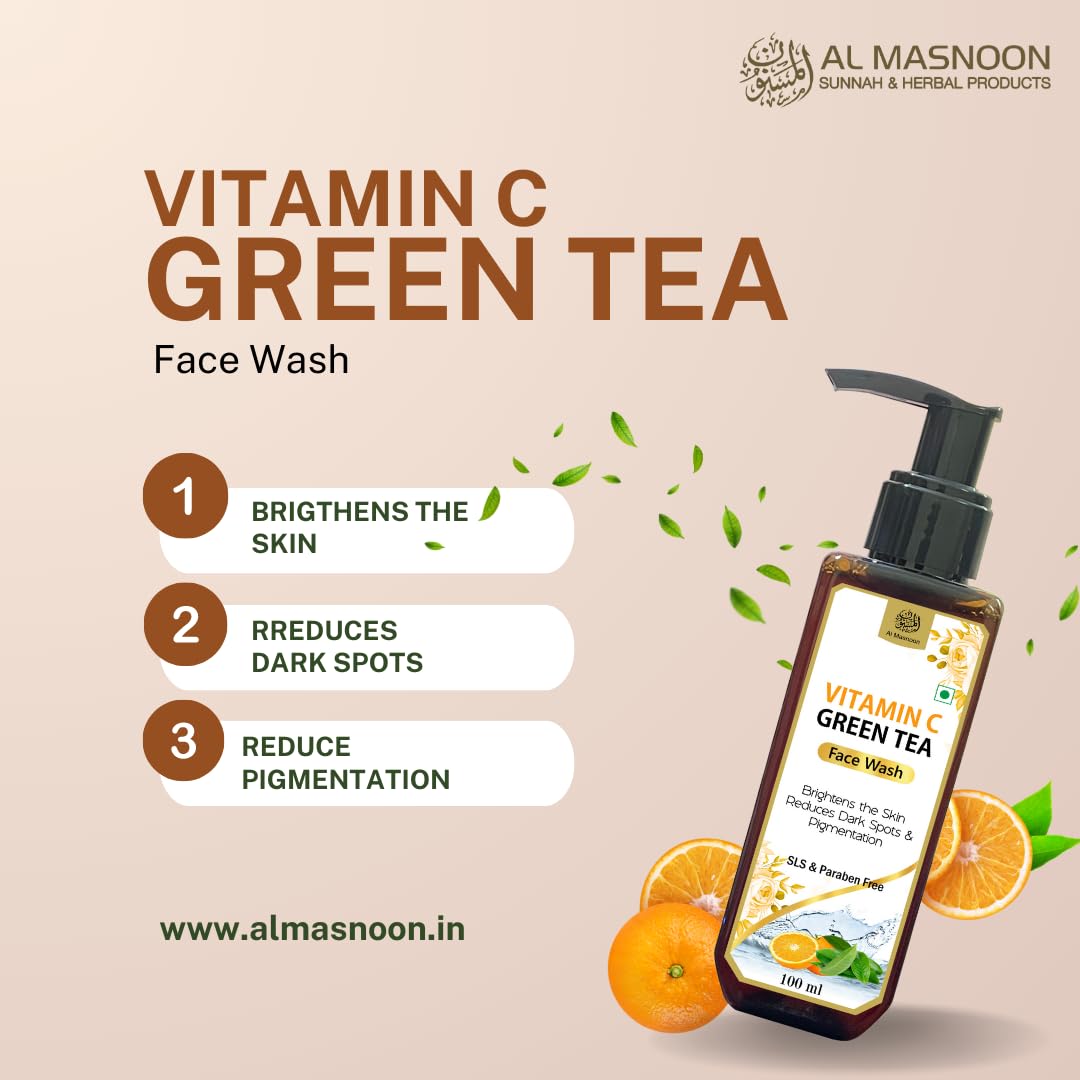 AL MASNOON Vitamin C & Green Tea Face Wash - Brightening Cleanser for Glowing Skin, SLS & Paraben Free, 100ml (Pack of 1) | Perfect for Morning & Night Skincare Routine