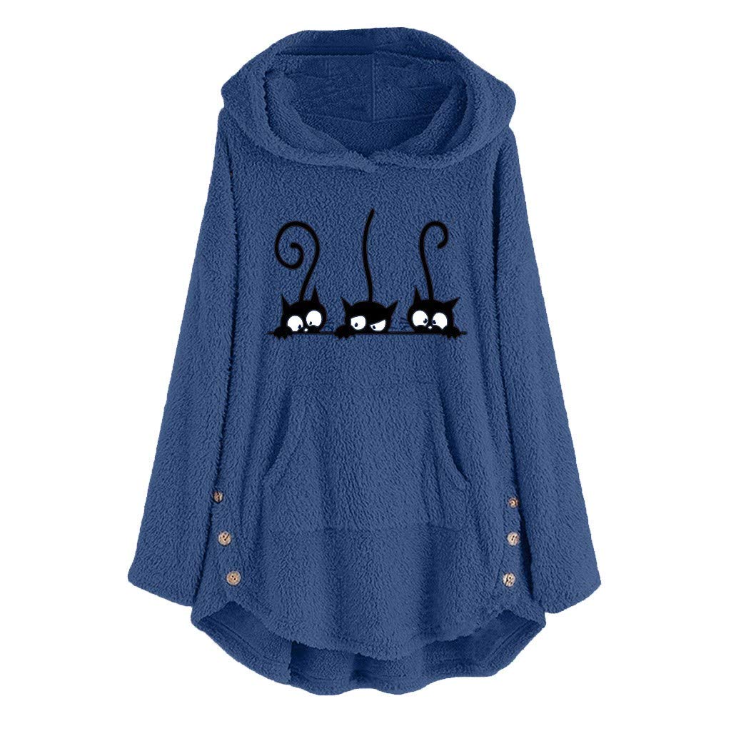 Women's Plus Size Fleece Hoodie with Cat Embroidery - Warm Button Front Sweater Blouse with Long Sleeves | Cozy Winter Wear for Casual Outings & Lounge Days