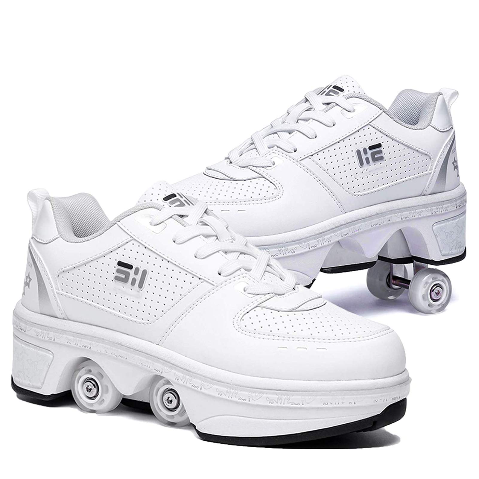 Olaffi 2-in-1 Roller Shoes for Men & Women - Automatic Walking Shoes with Double-Row Deform Wheels - Invisible Pulley Skate Shoes (White, Size 35EU/UK2) - Perfect for Commuting, Fitness & Fun Outdoor Activities