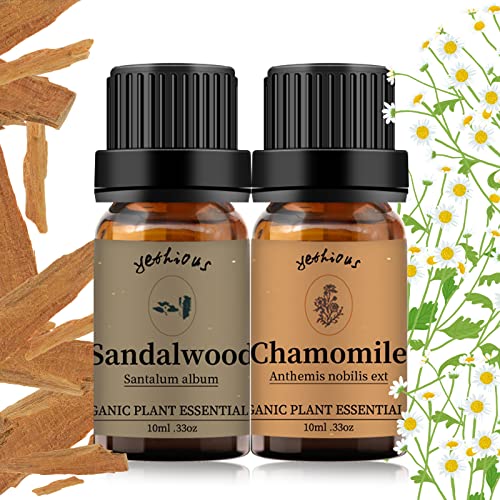 Yethious 100% Pure Organic Chamomile & Sandalwood Essential Oil Set - 2 Pack for Aromatherapy, Diffusers, Candles & Massage - Relaxation & Stress Relief Essential Oils for Home Spa & Yoga
