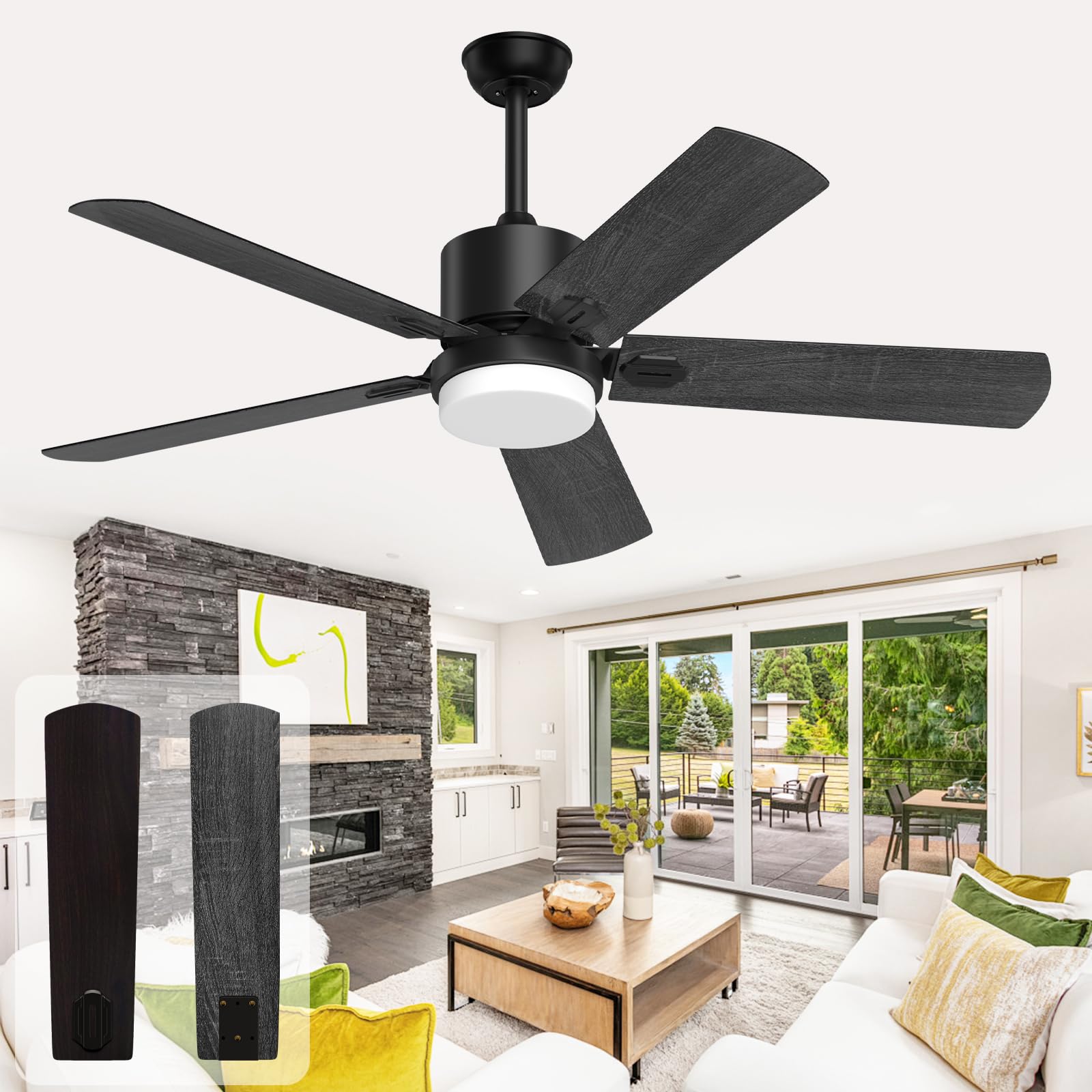 Black Ceiling Fan with Light - 6 Speed Adjustable, Noiseless DC Motor for Living Room & Bedroom - Walnut