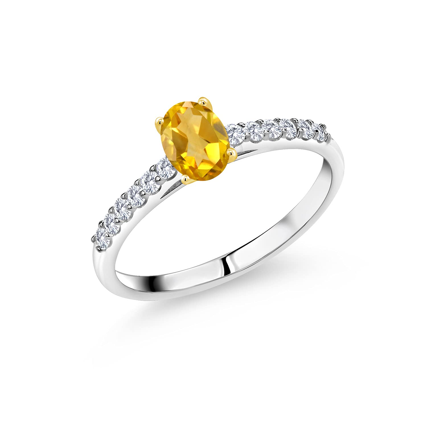 Gem Stone King 925 Sterling Silver Ring with 10K Yellow Gold Prongs Oval Yellow Citrine & Moissanite (0.63 Cttw) - Elegant Jewelry for Women, Perfect for Weddings, Anniversaries & Special Occasions