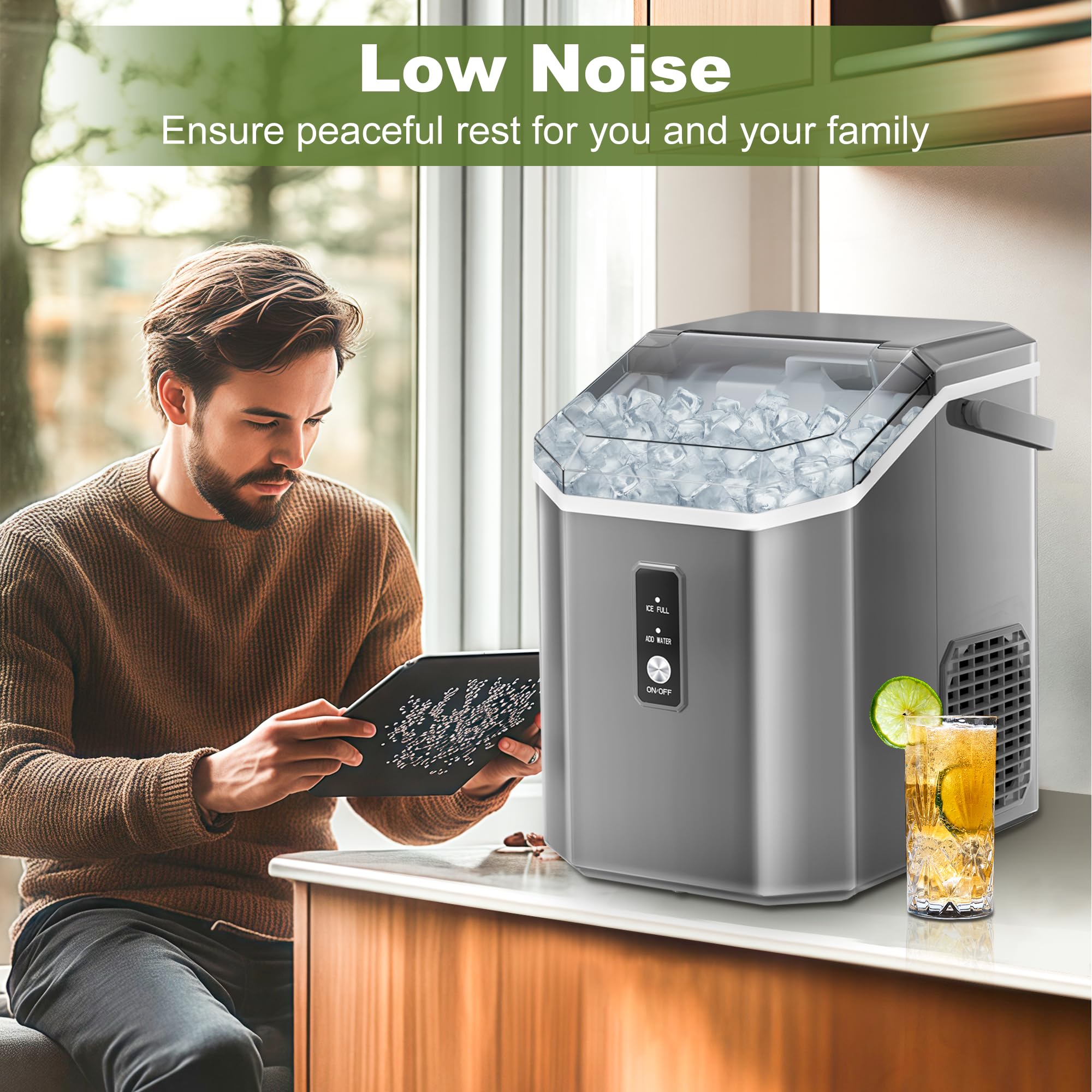 NicBex Countertop Nugget Ice Maker – 34Lbs/24H Self-Cleaning Portable Ice Machine with One-Button Operation – Perfect for Kitchen, Bar, Office & Party Use – Makes Chewable Pellet Ice for Cocktails, Sodas & Beverages (Gray)