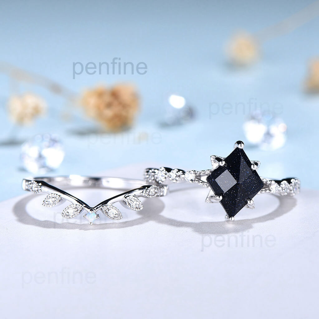 Blue Sandstone Engagement Ring Set for Women - Geometric White Gold Bridal Jewelry with Vintage Opal & Diamond Accents - Art Deco Wedding Ring & Promise Gift - Perfect for Proposals, Anniversaries & Special Occasions