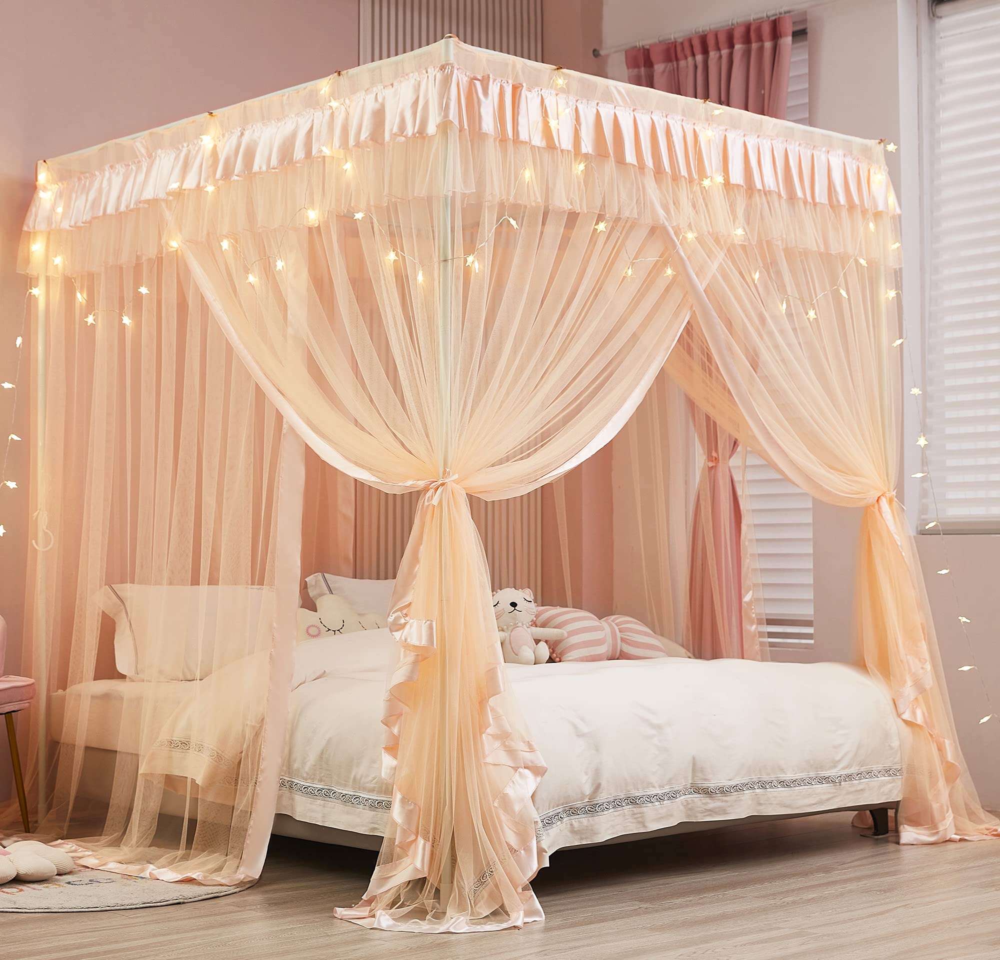 Royal Luxurious Mengersi Canopy Bed Curtains for Girls - Twin Size Peach Bed Drapes, Princess Style Bedroom Decor for Cozy Sleeping & Dreamy Room Makeover