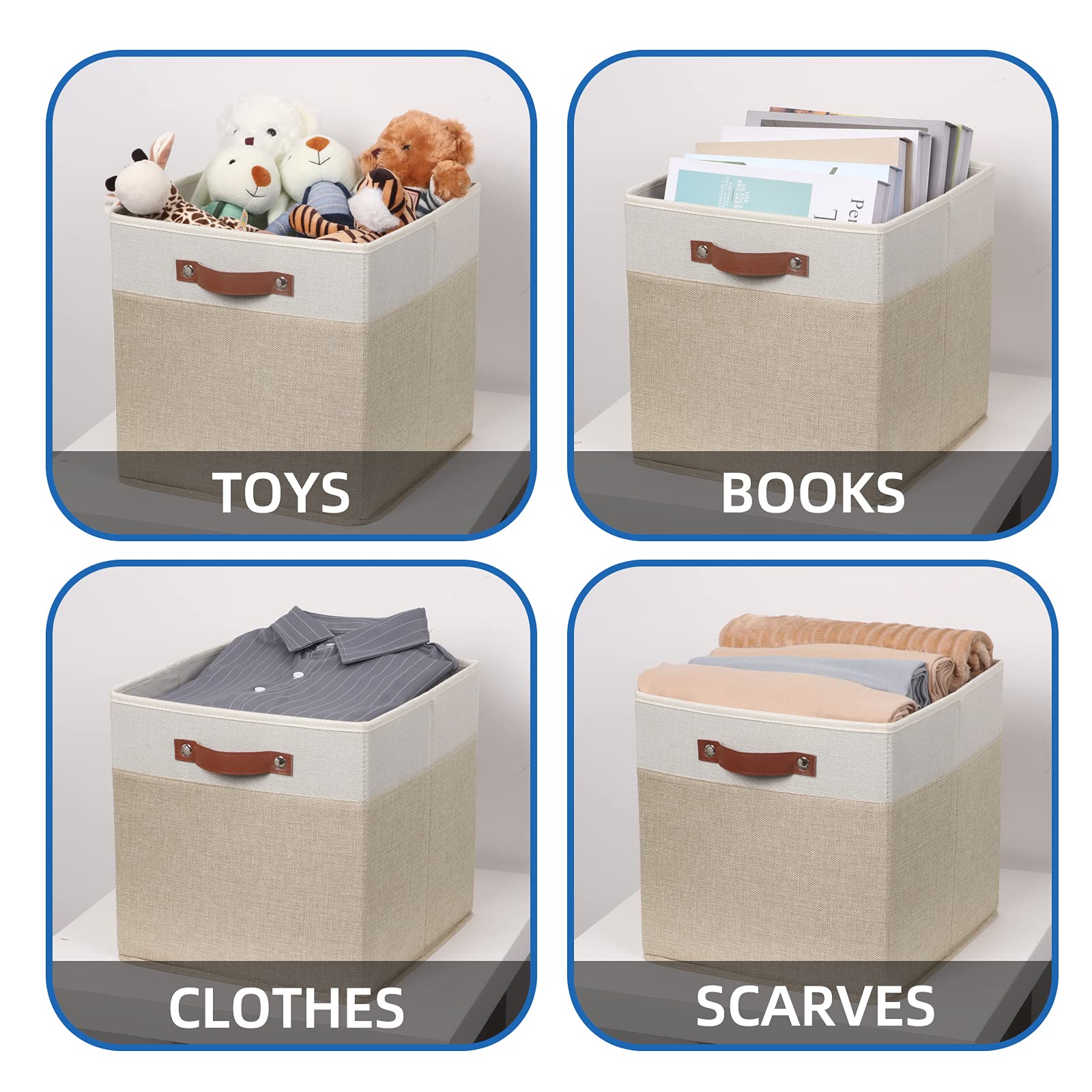 Temary 13 Inch Fabric Storage Cubes with Leather Handles - Closet Organizer Bins for Shelves, Home Storage Baskets | Perfect for Bedroom, Nursery, Office & Closet Organization