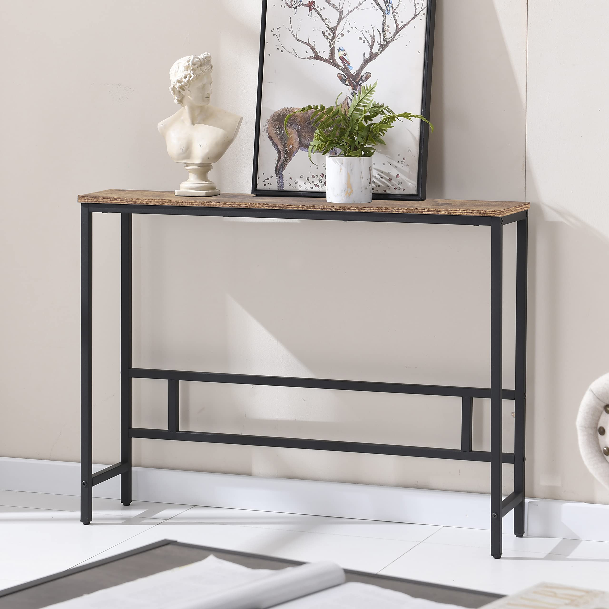 MAJARO Small Modern Industrial Sofa Console Table - Slim Entryway Table for Living Room, Office, Hallway - Rustic Smoked Oak Finish - Perfect for Small Spaces & Behind Couch Decor