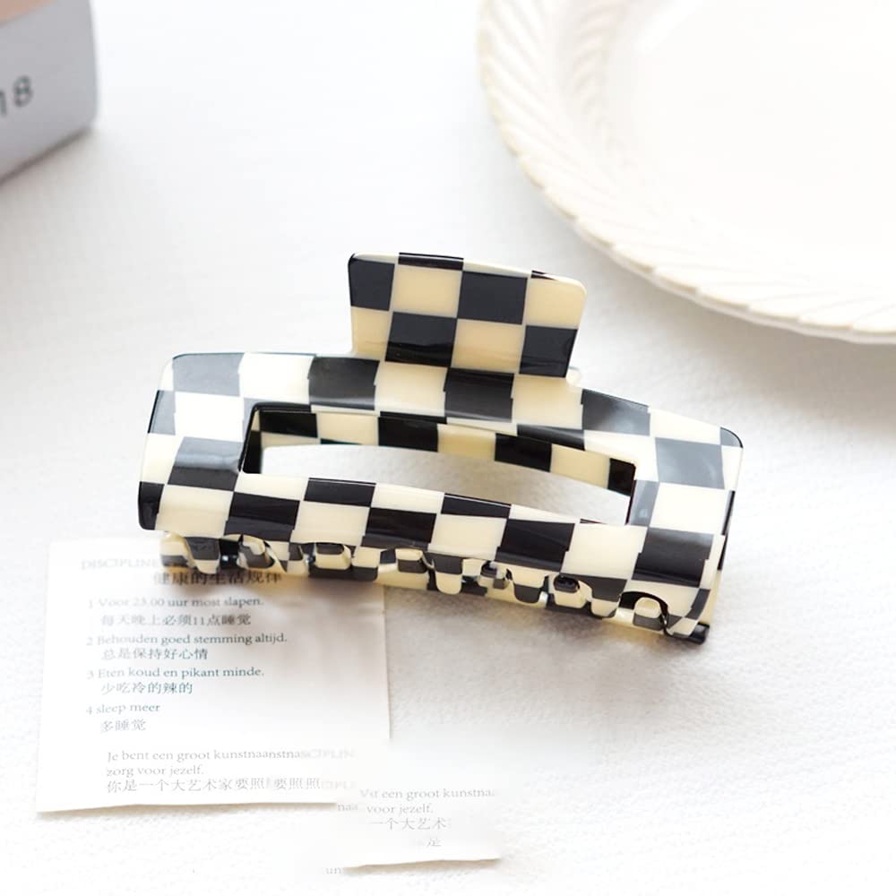 1pc Plaid Hair Clips for Women - Black & White Banana Claw Clips for Thick Hair - Tortoise Shell French Hair Clips for Girls (Rectangle) - Perfect for School, Work & Everyday Hairstyles