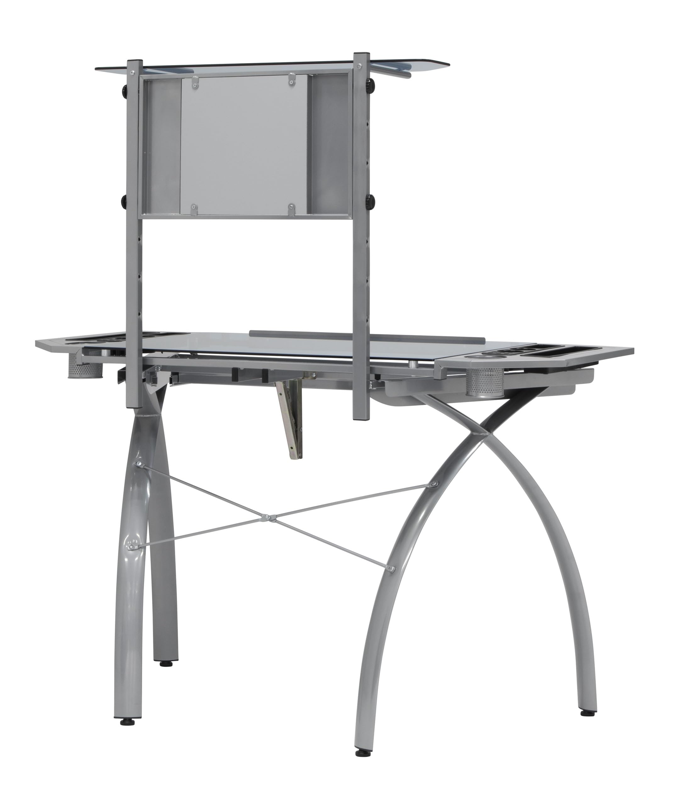 Studio Designs Futura Tower - Silver/Blue Glass Modern Laptop Desk with Adjustable Shelf | Perfect for Home Office, Gaming Setup & Small Spaces