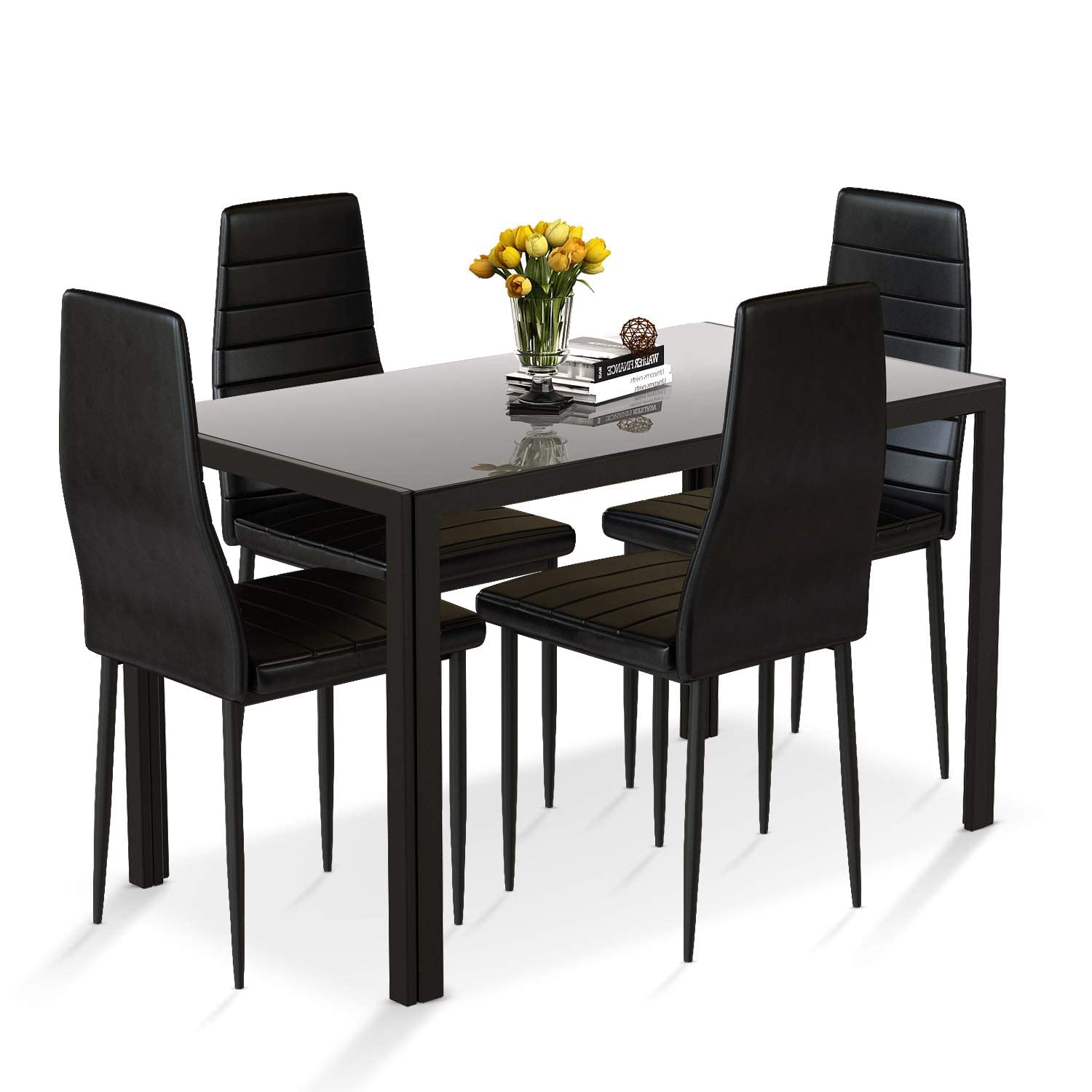 Recaceik 4-Piece Glass Dining Table Set with Upholstered PU Leather Chairs - Modern Kitchen Table and Chairs for Small Spaces (Black) | Perfect for Apartments, Breakfast Nooks & Cozy Dining Areas