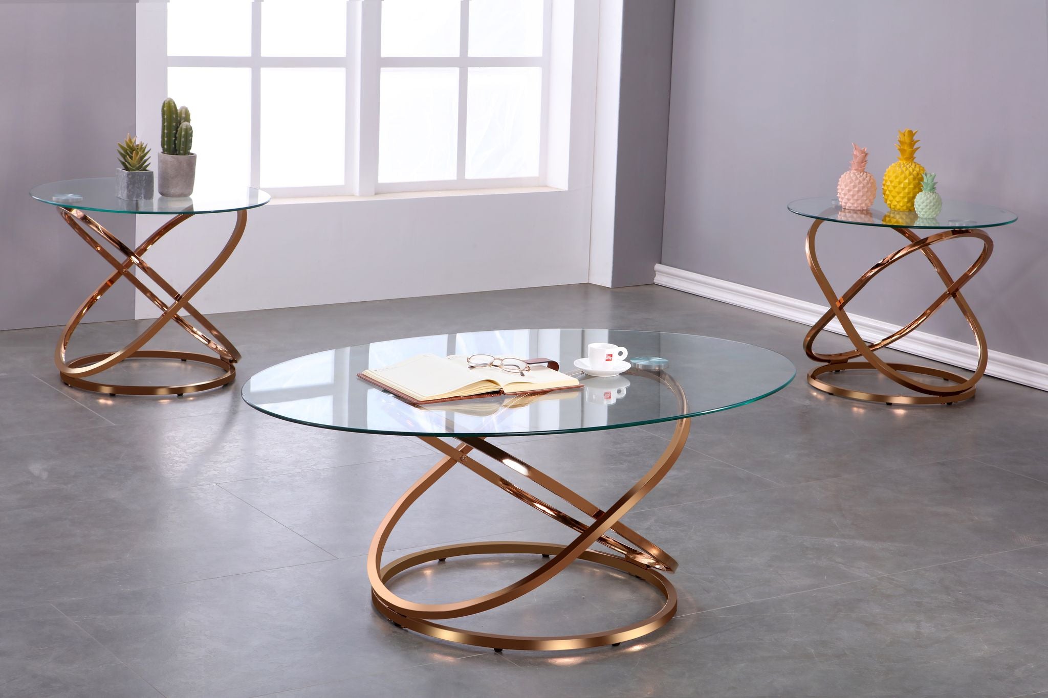 3 Piece Coffee Table Set with Rose Gold Finish - Modern Living Room Furniture for Small Spaces, Home Decor, and Stylish Entertaining