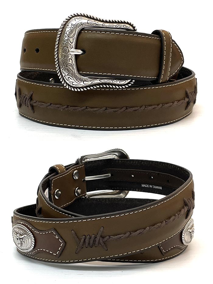 Nocona Men's Barbed Wire Concho Western Leather Belt - Genuine Brown Leather Cowboy Belt for Men | Perfect for Rodeo, Ranch Work & Western Fashion Outfits