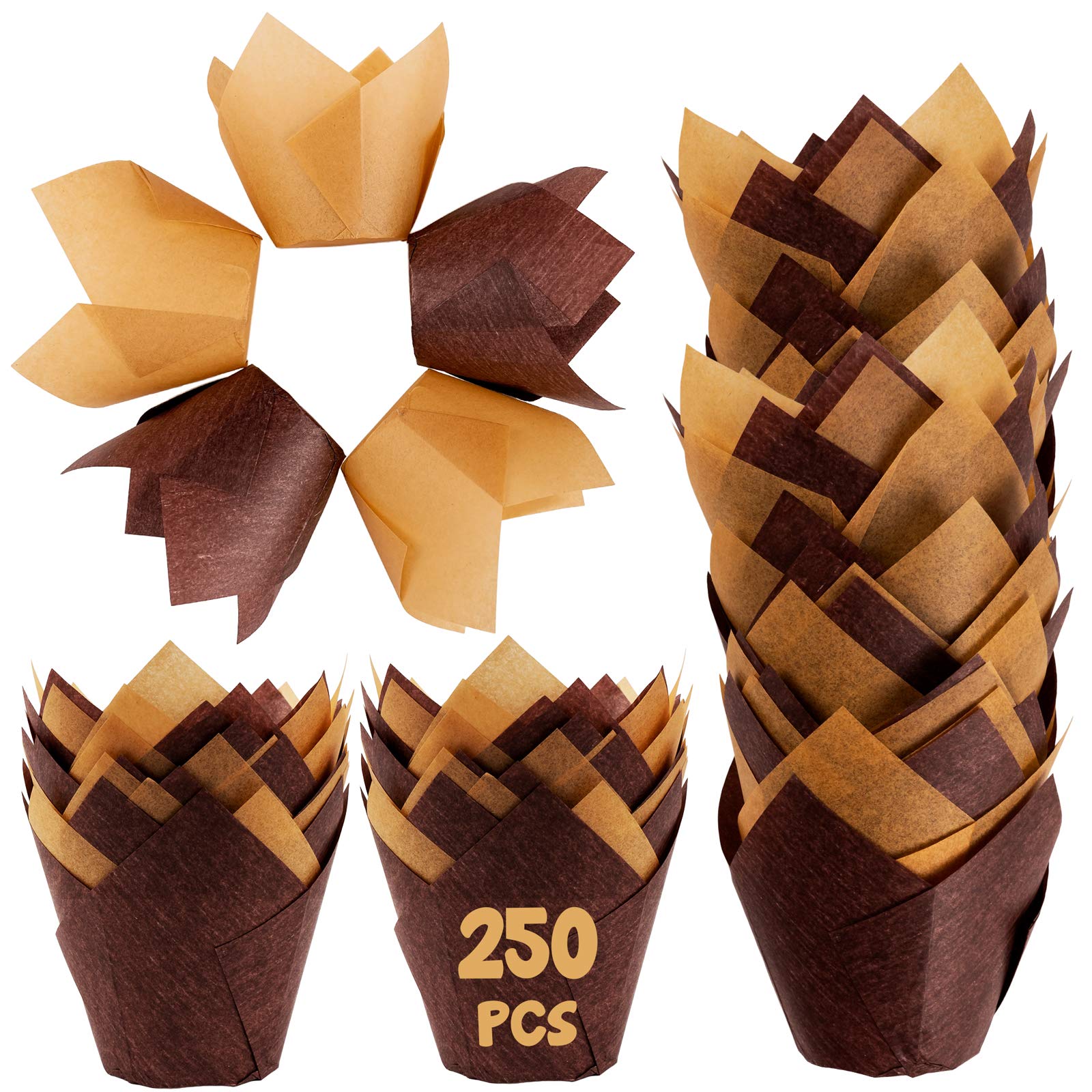 250-Pack Brown Greaseproof Tulip Baking Cups & Natural Parchment Liners - Premium Cupcake Wrappers for Muffins, Mini Snacks, Wedding & Birthday Parties (Ideal for Home Baking, Cafes & Catering Events)