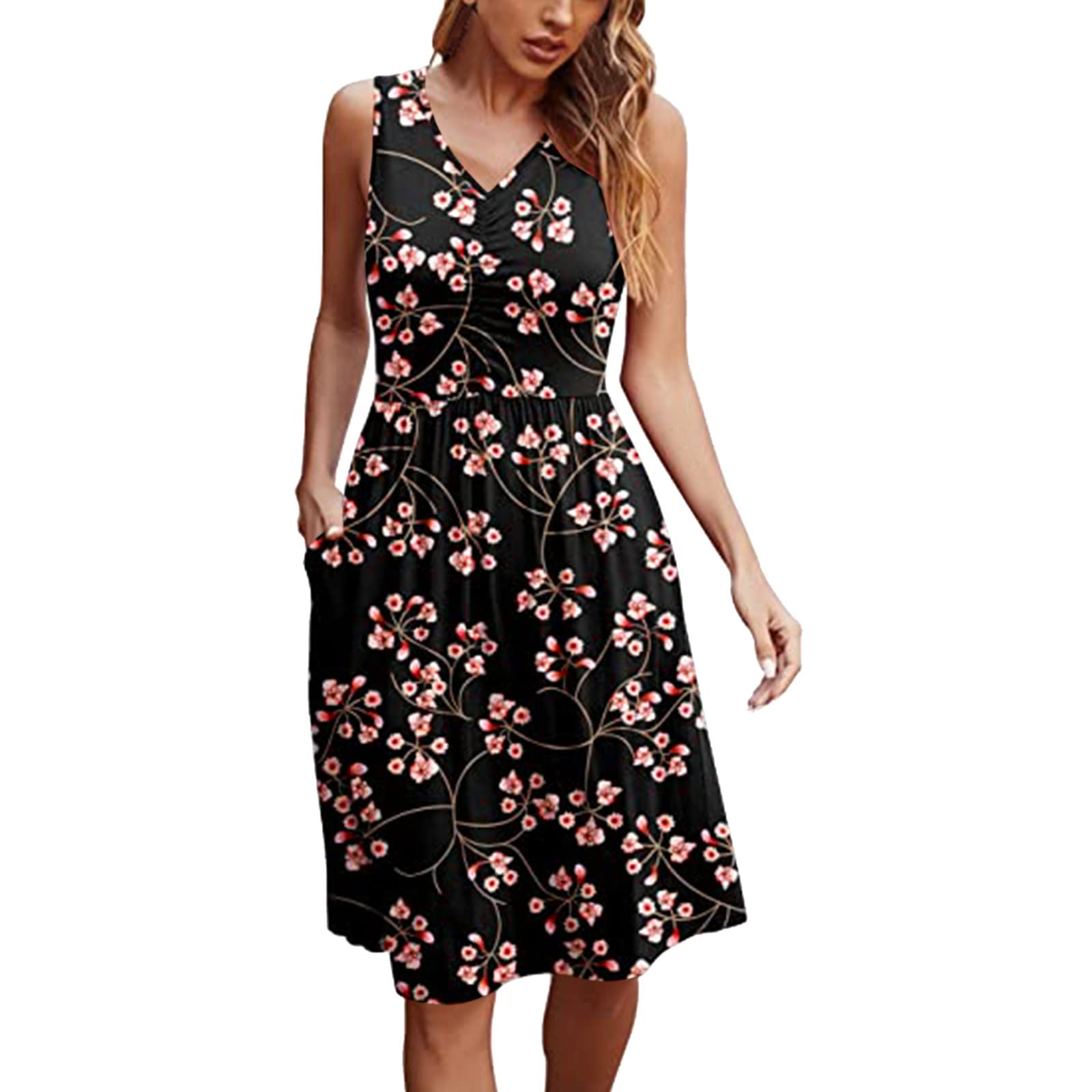 Women's Casual Summer Midi Dress - Floral Print Sleeveless V-Neck T-Shirt Dress with Pockets | Perfect for Beach, Vacation, and Everyday Wear