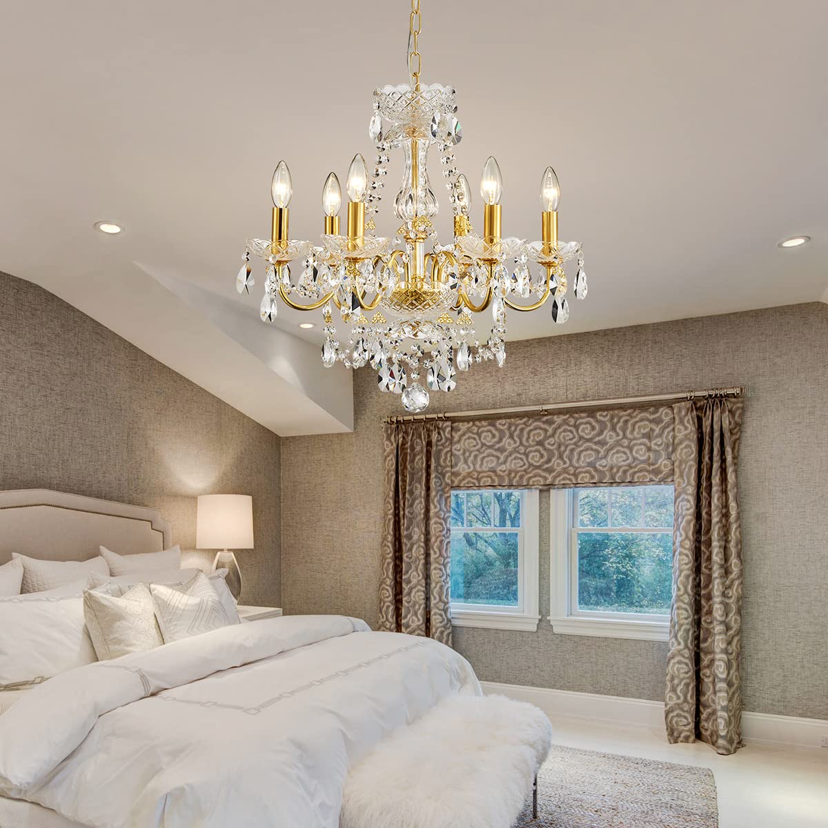 Modern Gold Chandelier Light Fixture with 6 Lights & Crystal Accents - Perfect for Dining Room, Living Room, or Bedroom Lighting