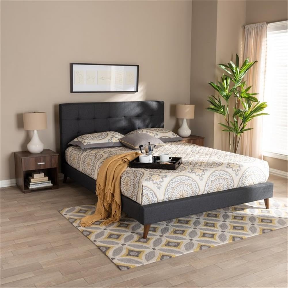 Baxton Studio Maren Queen Size Dark Grey Upholstered Platform Bed Frame with 2 Nightstands - Modern Bedroom Set for Small Spaces & Guest Rooms