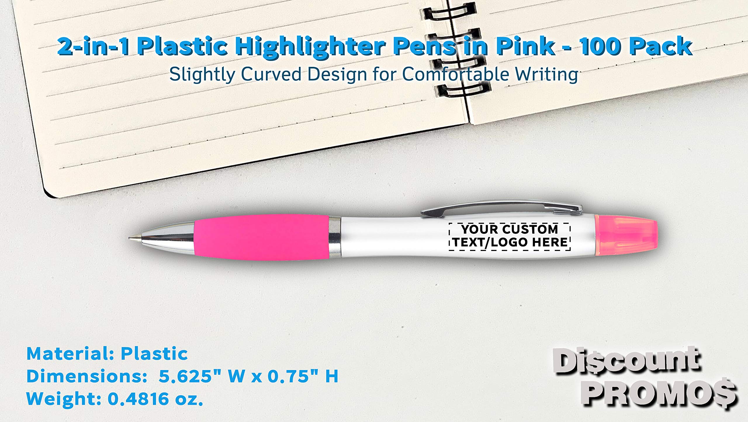 Custom Personalized Plastic Highlighter Pens - 100 Pack Bulk Set with Custom Text & Logo - Pink Office School Supplies for Teachers, Students, Note Taking & Study Sessions