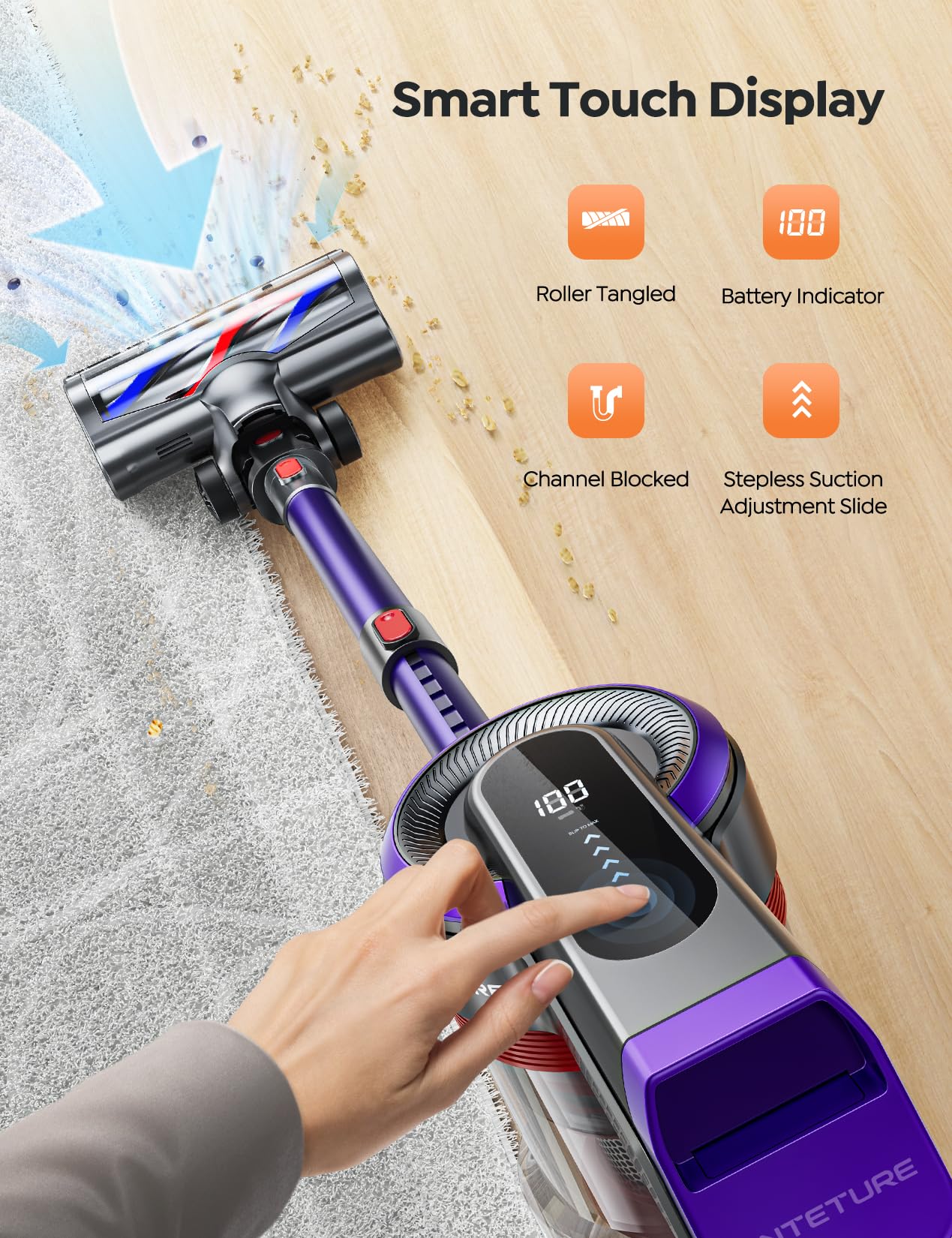 Powerful 450W Cordless Vacuum Cleaner with 40Kpa Suction & 55Min Runtime - Lightweight Stick Vacuum for Hardwood Floors, Carpets & Pet Hair - Anti-Tangle Tech & Touch Display - Perfect for Home Cleaning & Pet Owners
