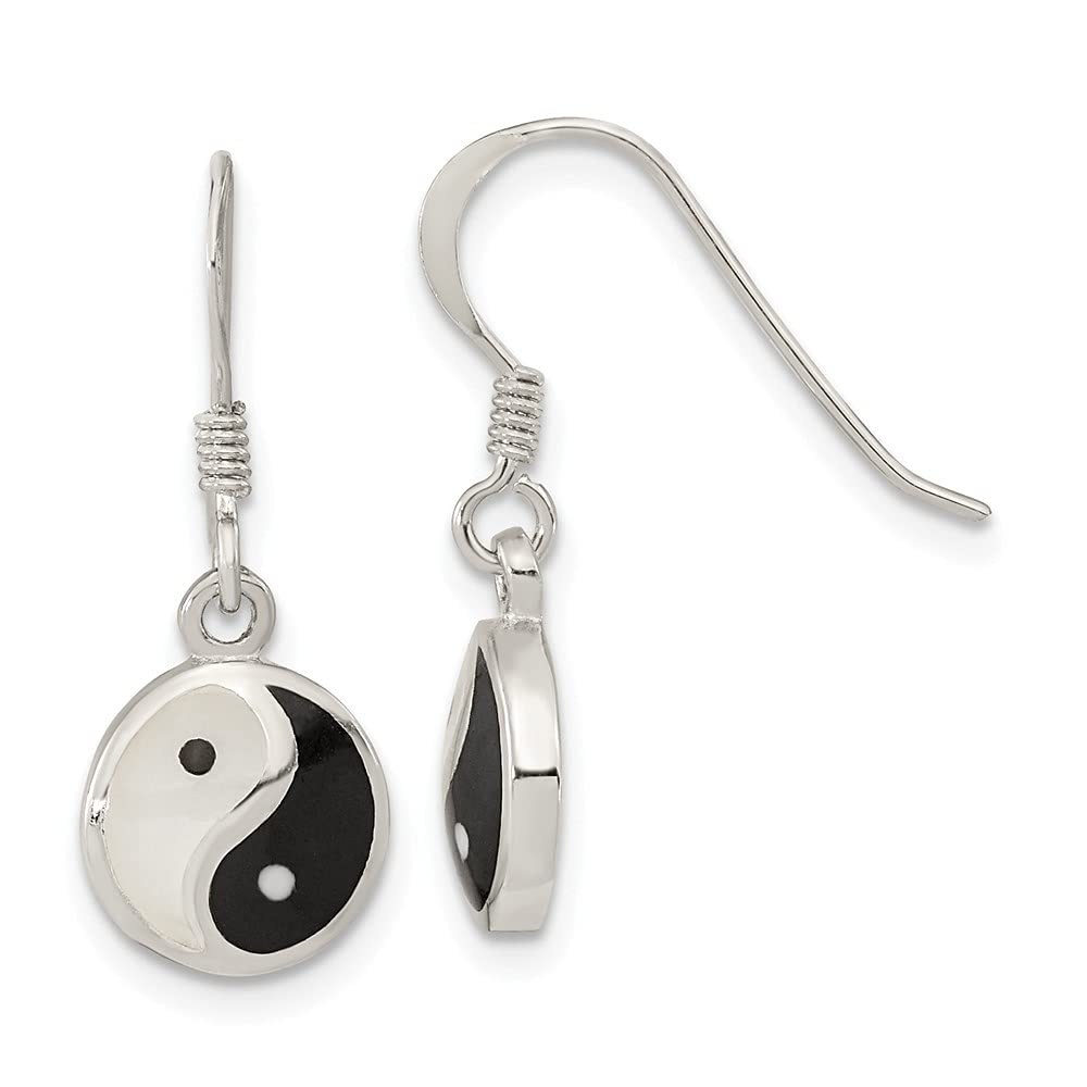 Sterling Silver Yin Yang Dangle Earrings with Mother of Pearl & Black Resin - 0.93
