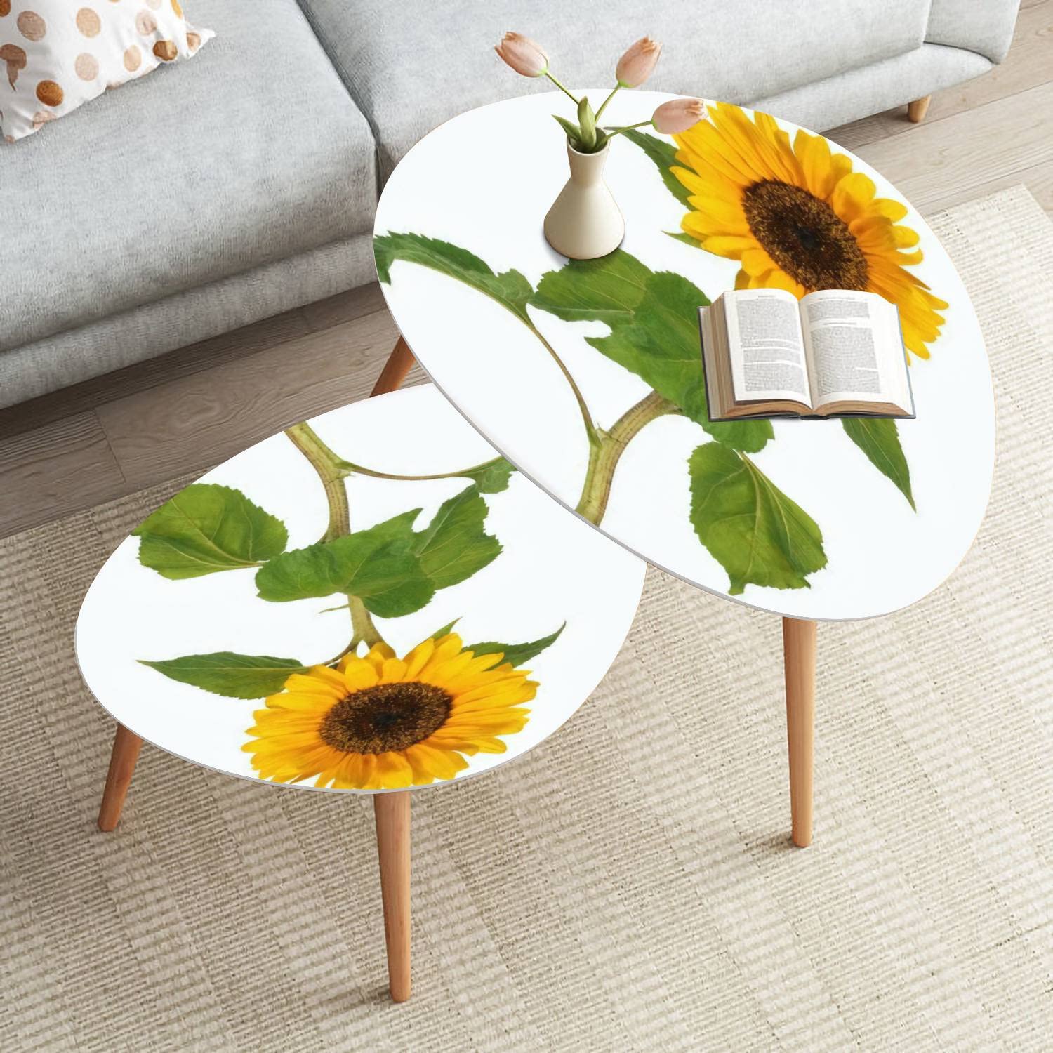 Modern Small Coffee Nesting Table Set of 2 - Sunflower White Triangle & Oval Side Tables for Living Room, Bedroom, Office - Minimalist Round Tea Tables for Coffee, Books & Decor