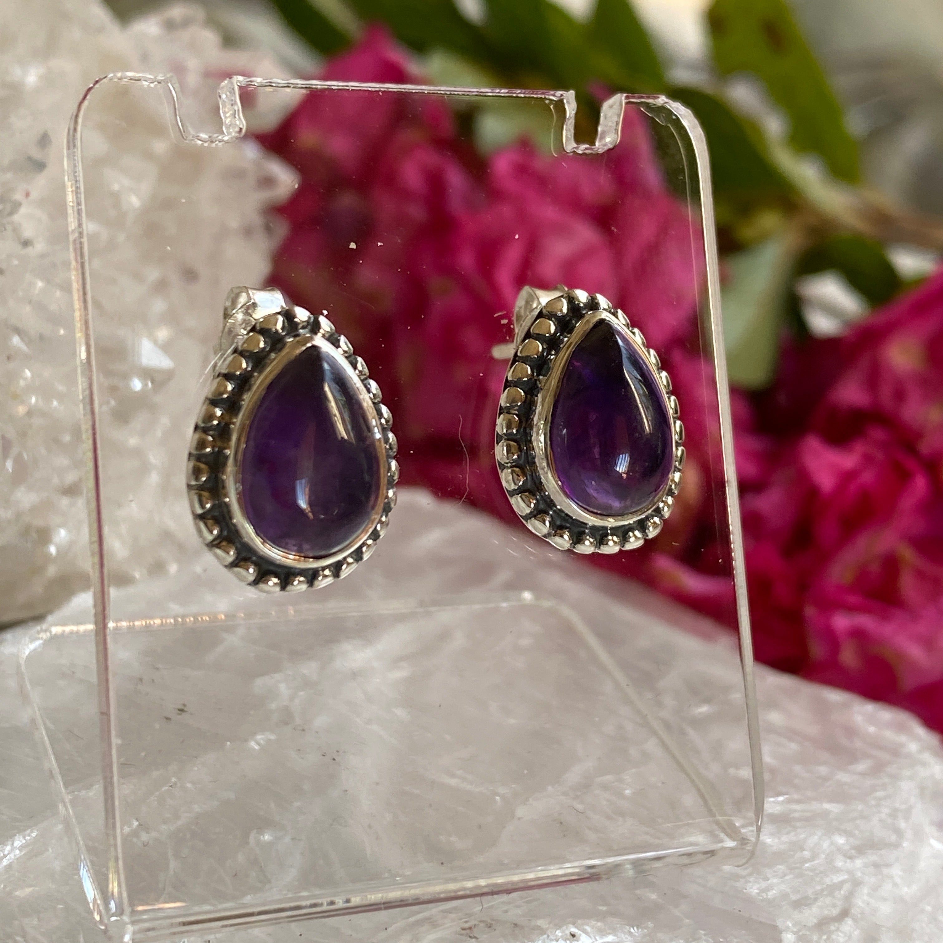Amethyst Teardrop Stud Earrings - Handmade Cabochon Gemstone Jewelry for Women | Perfect for Weddings, Parties & Gifts (KEGJ1196)