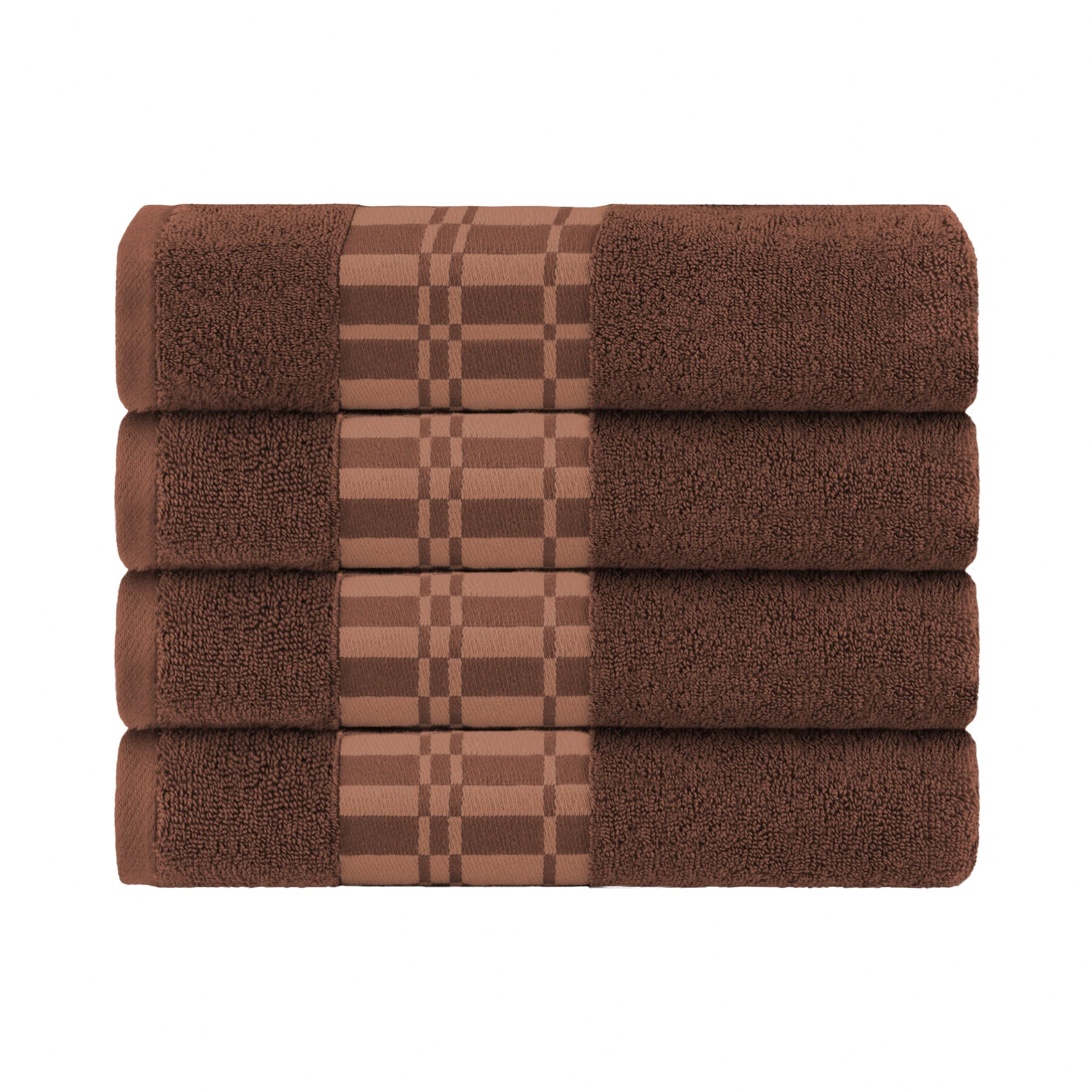 BlueNileMills 4-Piece Cotton Bath Towel Set with Geometric Design & Dobby Border - Soft Absorbent Bath, Hand, Face & Wash Towels for Bathroom, Spa, Hotel & Home Use - Medium Weight Chocolate Color for Adults & Kids