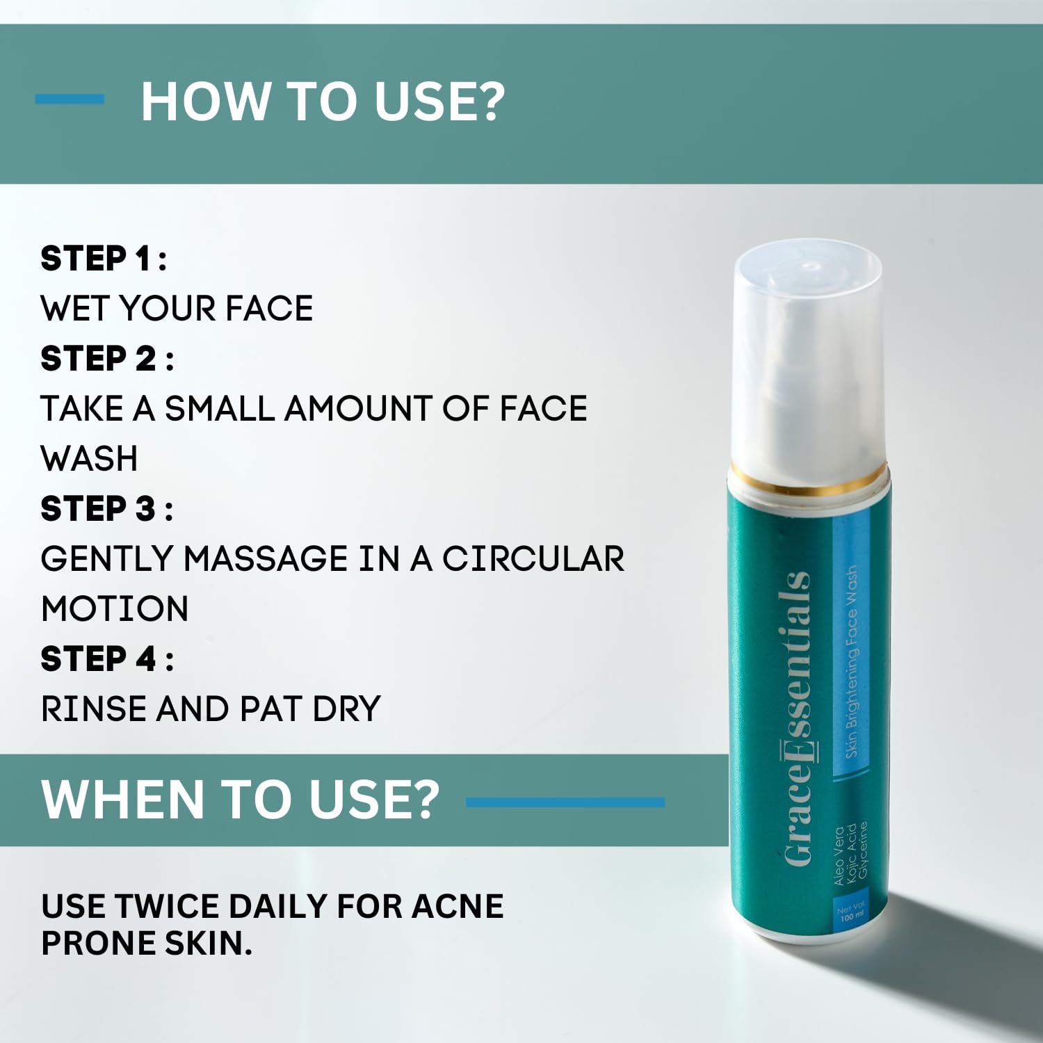 Grace Essentials Brightening Face Wash with Kojic Acid & Vitamin C - Hydrating Aloe Vera Cleanser for Dry Skin | Men & Women | 100ml | Achieve Glowing Skin for Day & Night Routine